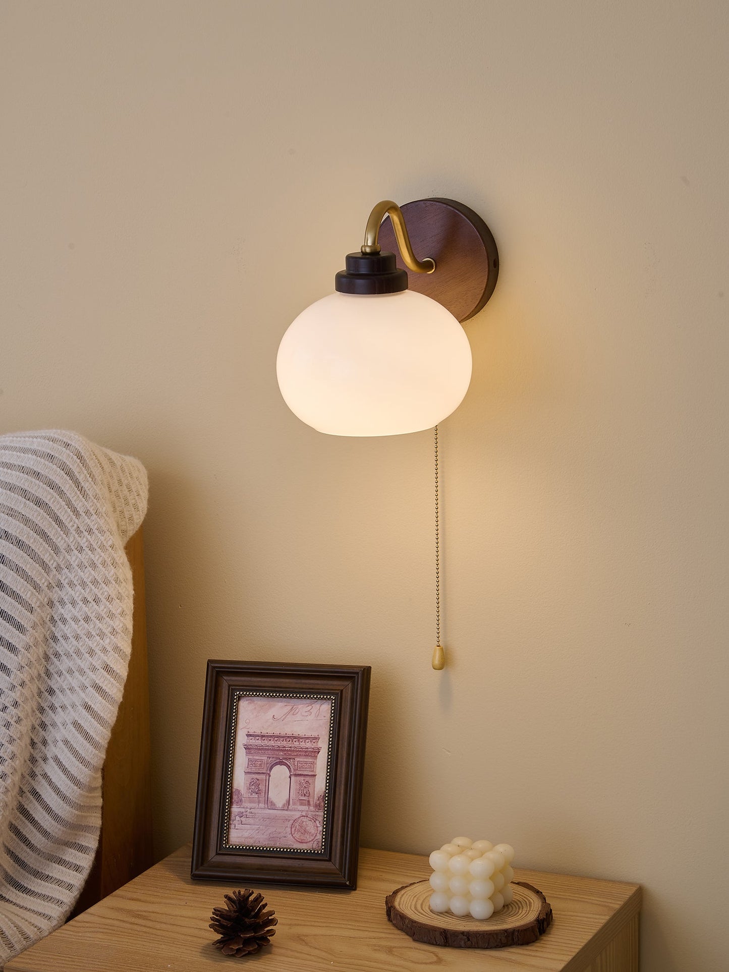 Lumea Crest Wall Lamp | Iron, Glass, Wood | White Shade, Gold/Walnut Finish
