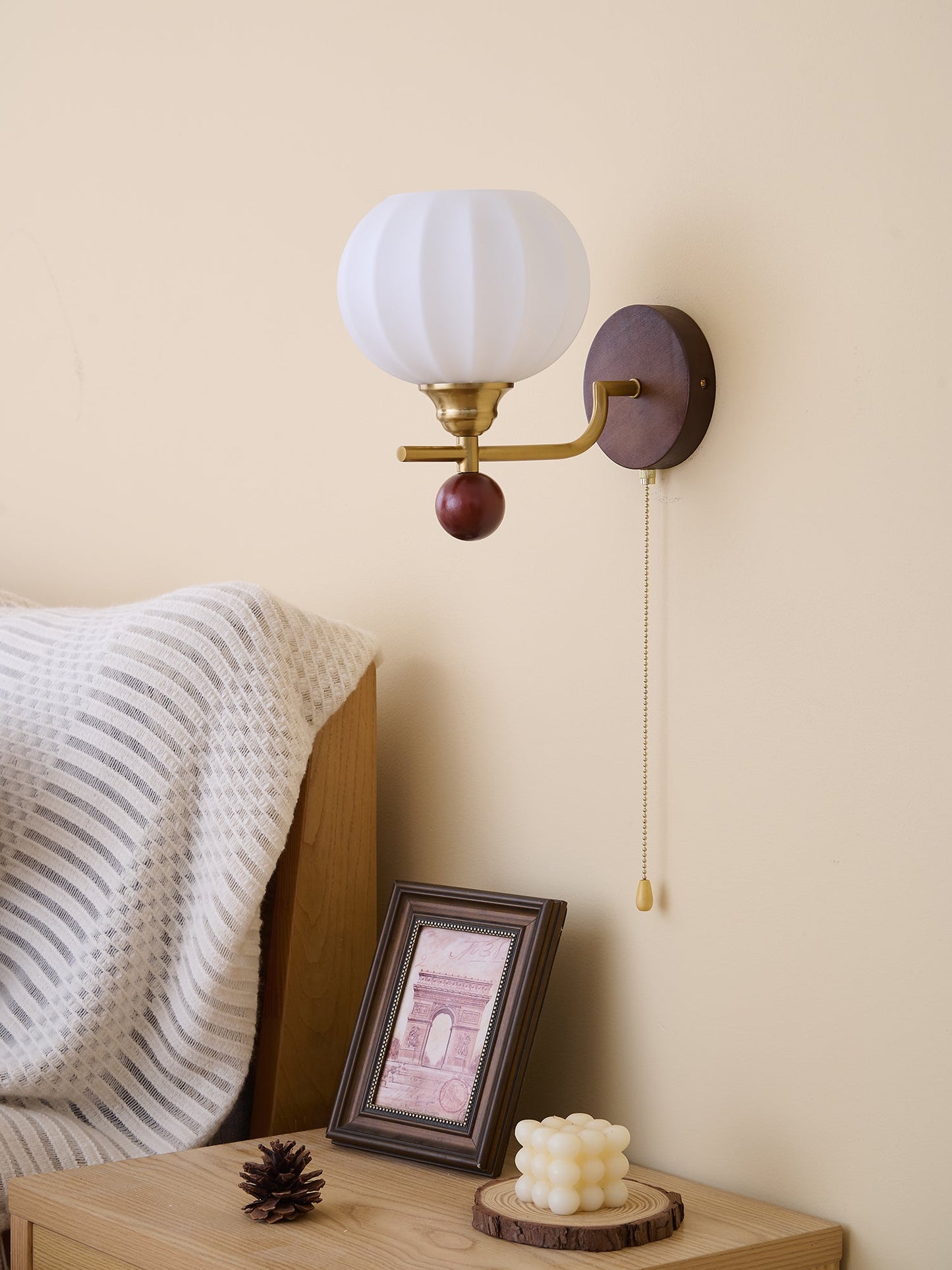 Lumea Crest Wall Lamp | Iron, Glass, Wood | White Shade, Gold/Walnut Finish