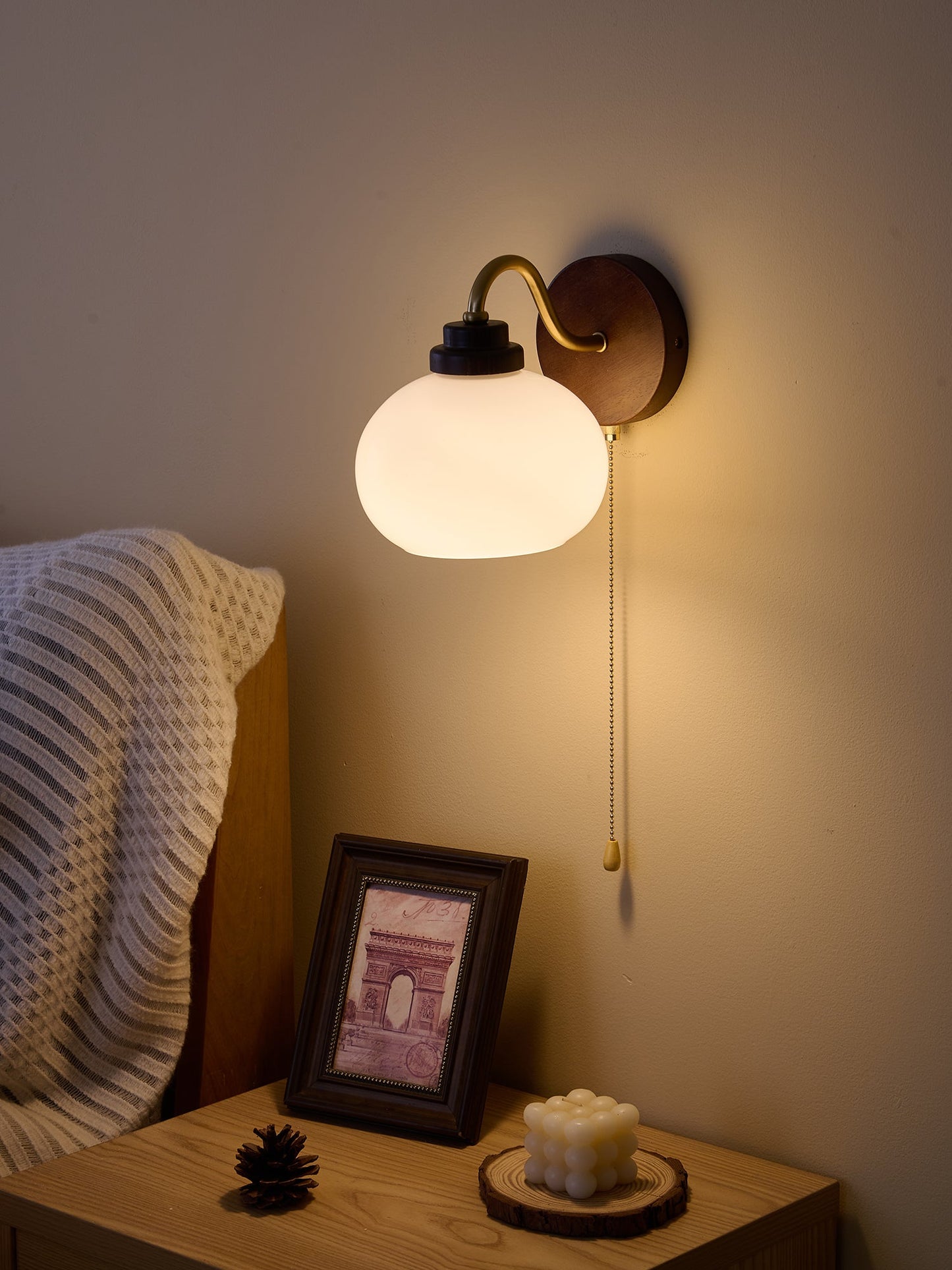 Lumea Crest Wall Lamp | Iron, Glass, Wood | White Shade, Gold/Walnut Finish