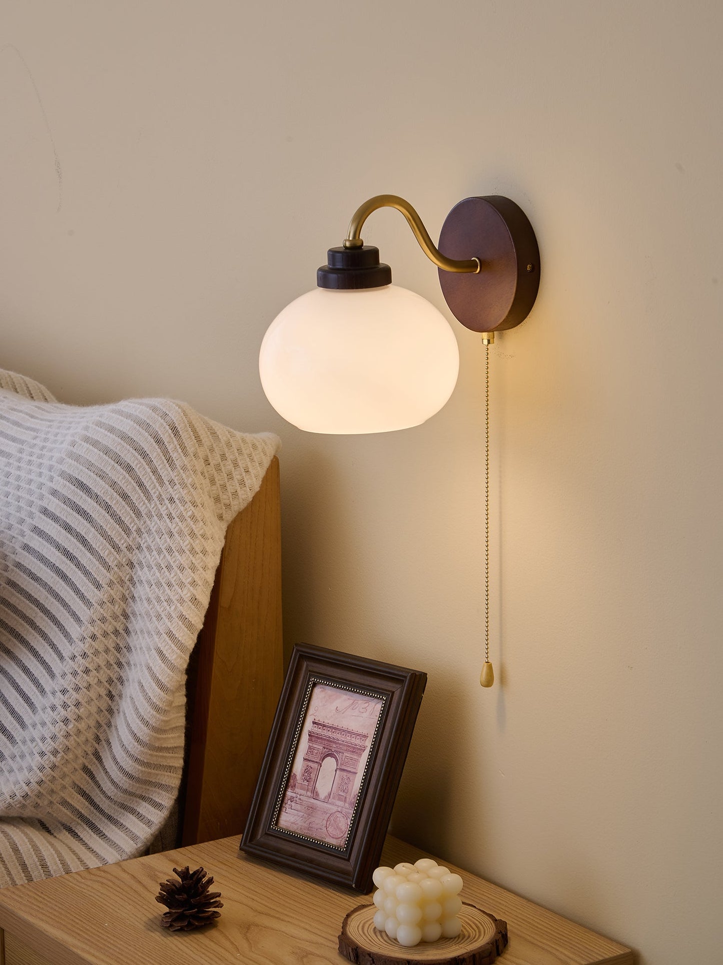 Lumea Crest Wall Lamp | Iron, Glass, Wood | White Shade, Gold/Walnut Finish