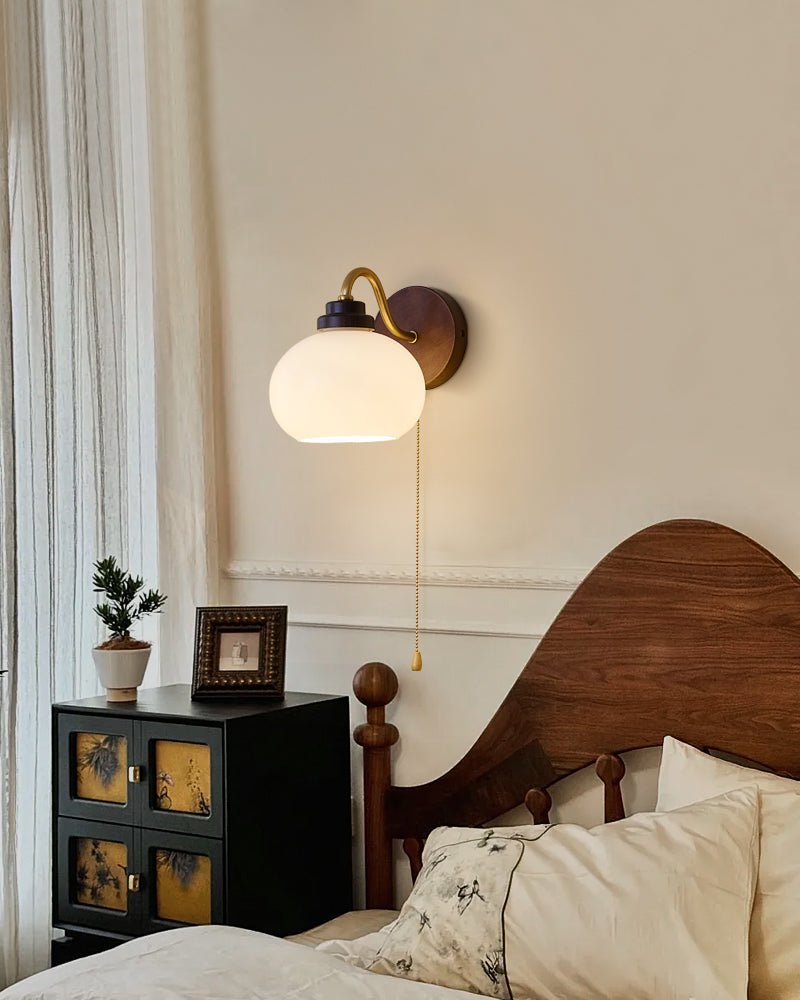 Lumea Crest Wall Lamp | Iron, Glass, Wood | White Shade, Gold/Walnut Finish