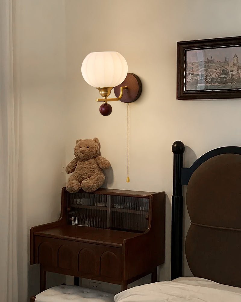 Lumea Crest Wall Lamp | Iron, Glass, Wood | White Shade, Gold/Walnut Finish
