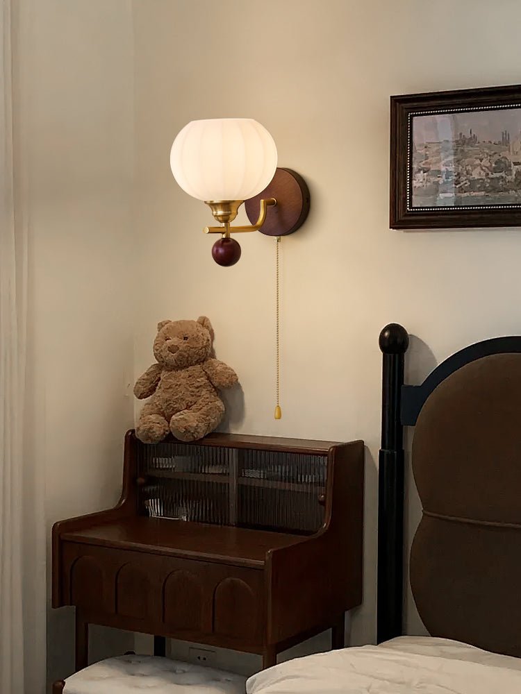 Lumea Crest Wall Lamp | Iron, Glass, Wood | White Shade, Gold/Walnut Finish