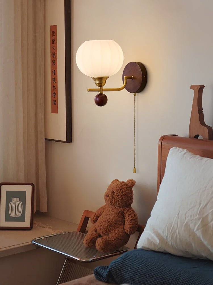Lumea Crest Wall Lamp | Iron, Glass, Wood | White Shade, Gold/Walnut Finish