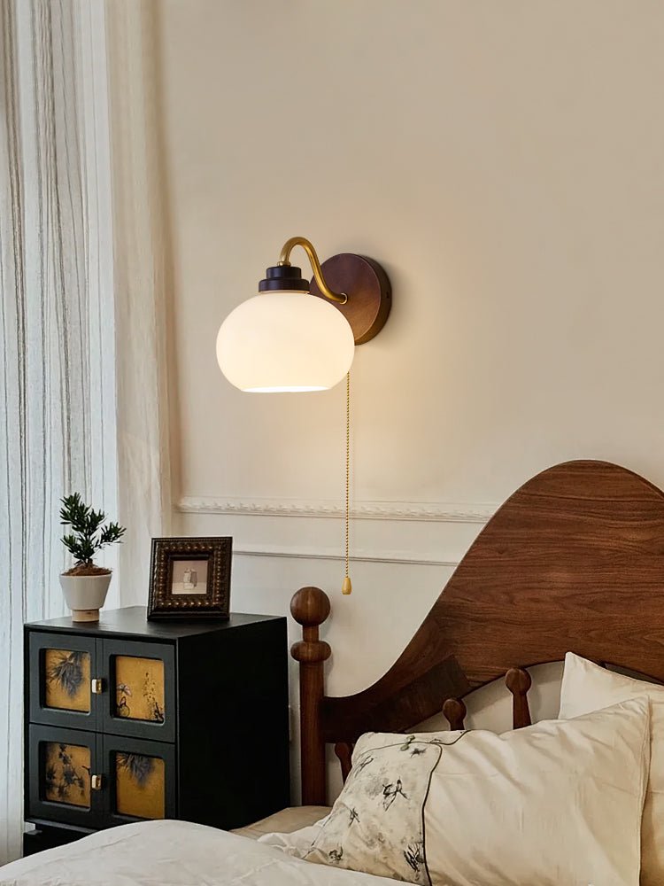 Lumea Crest Wall Lamp | Iron, Glass, Wood | White Shade, Gold/Walnut Finish