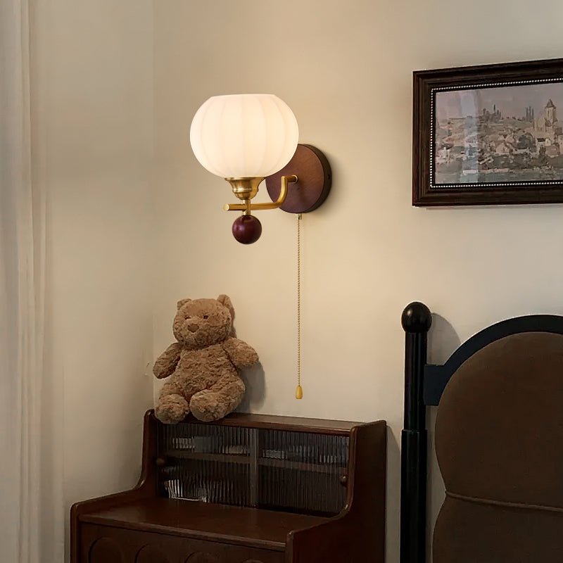 Lumea Crest Wall Lamp | Iron, Glass, Wood | White Shade, Gold/Walnut Finish