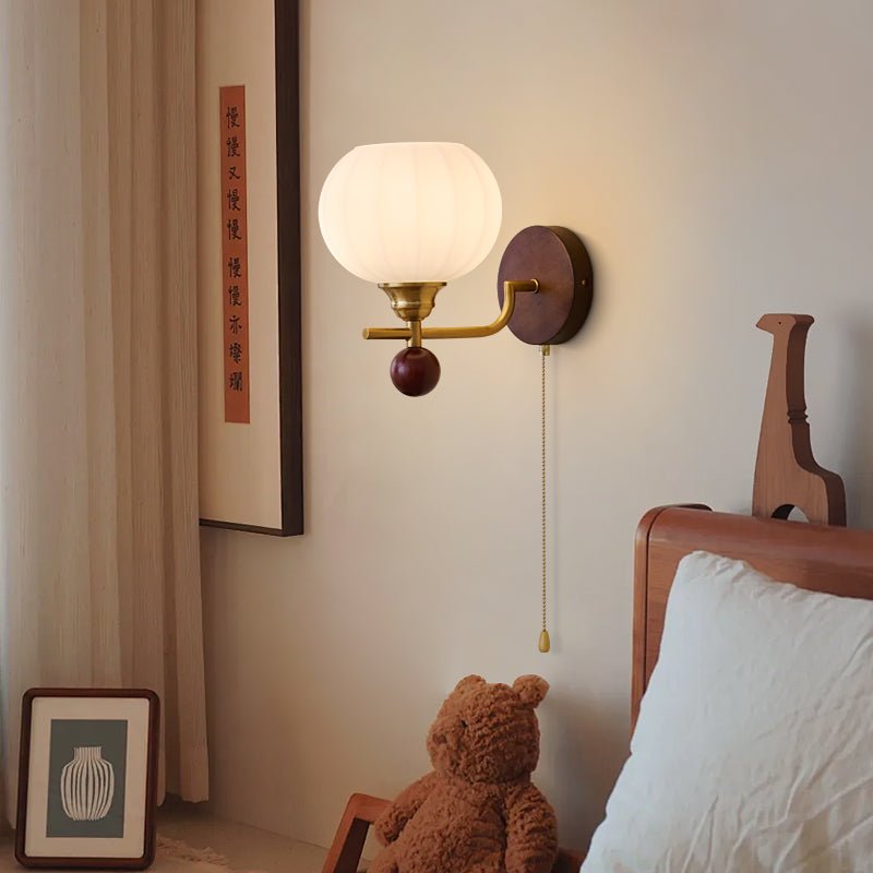 Lumea Crest Wall Lamp | Iron, Glass, Wood | White Shade, Gold/Walnut Finish