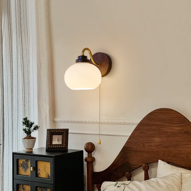 Lumea Crest Wall Lamp | Iron, Glass, Wood | White Shade, Gold/Walnut Finish