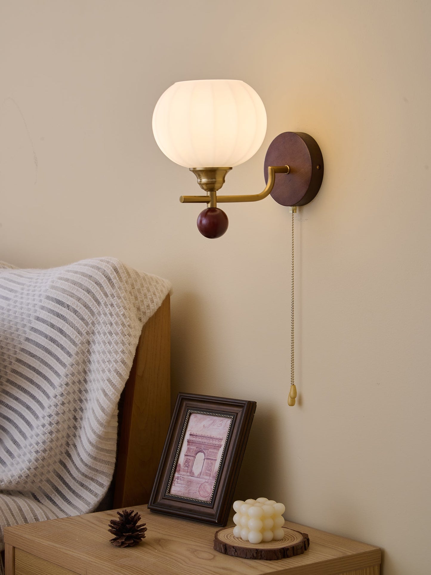 Lumea Crest Wall Lamp | Iron, Glass, Wood | White Shade, Gold/Walnut Finish