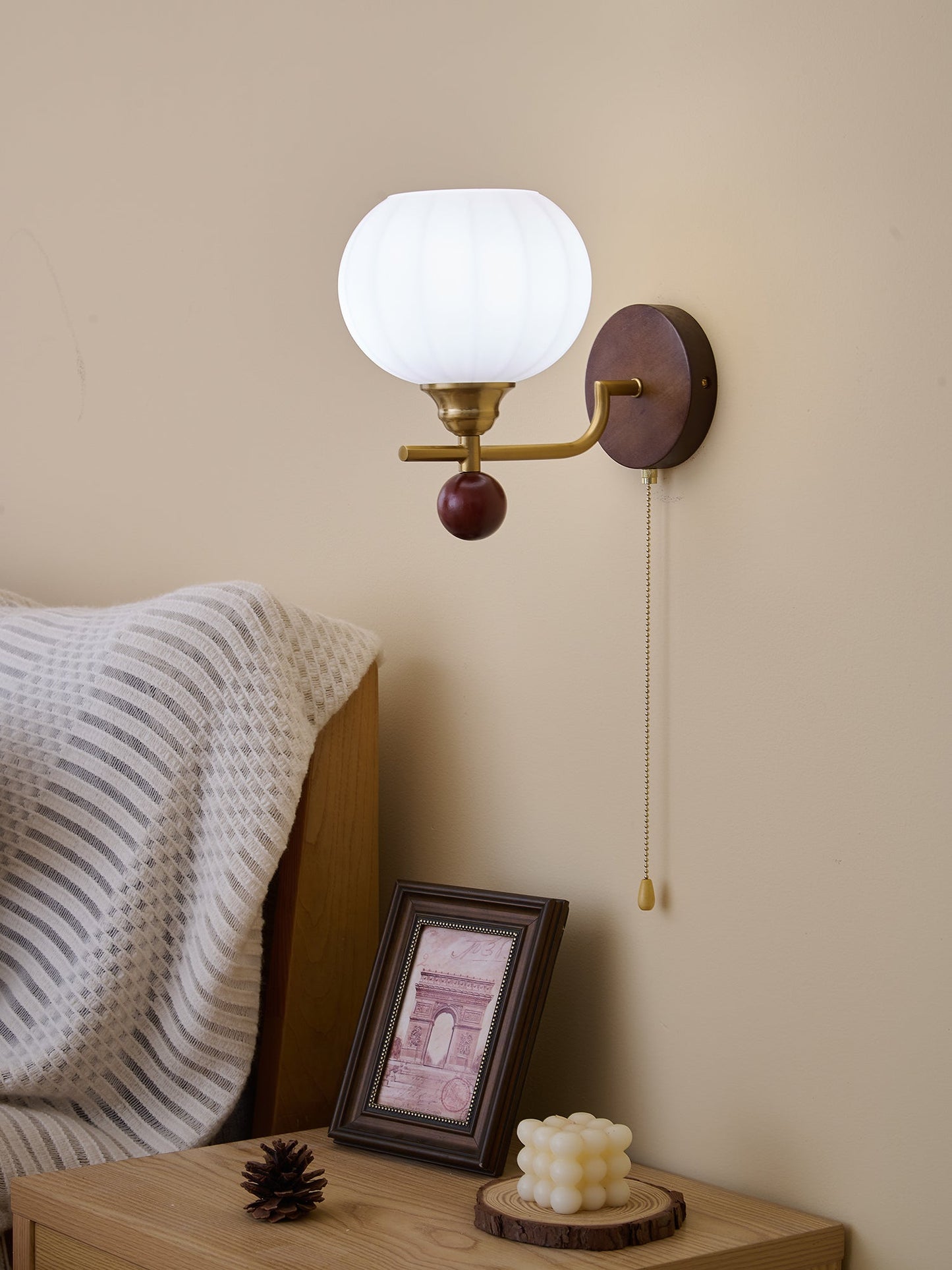 Lumea Crest Wall Lamp | Iron, Glass, Wood | White Shade, Gold/Walnut Finish