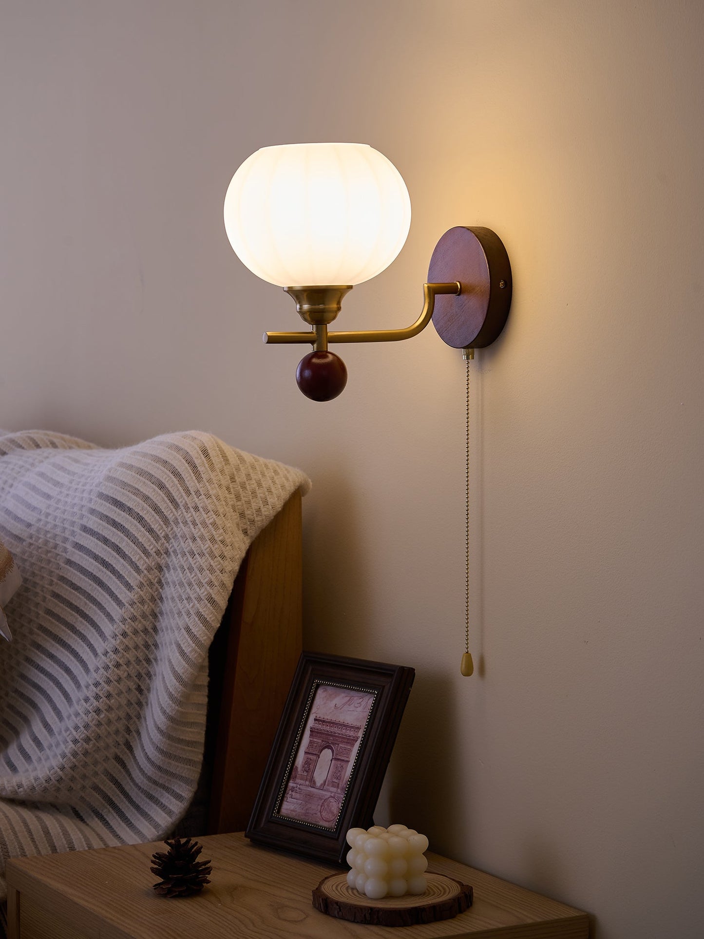 Lumea Crest Wall Lamp | Iron, Glass, Wood | White Shade, Gold/Walnut Finish