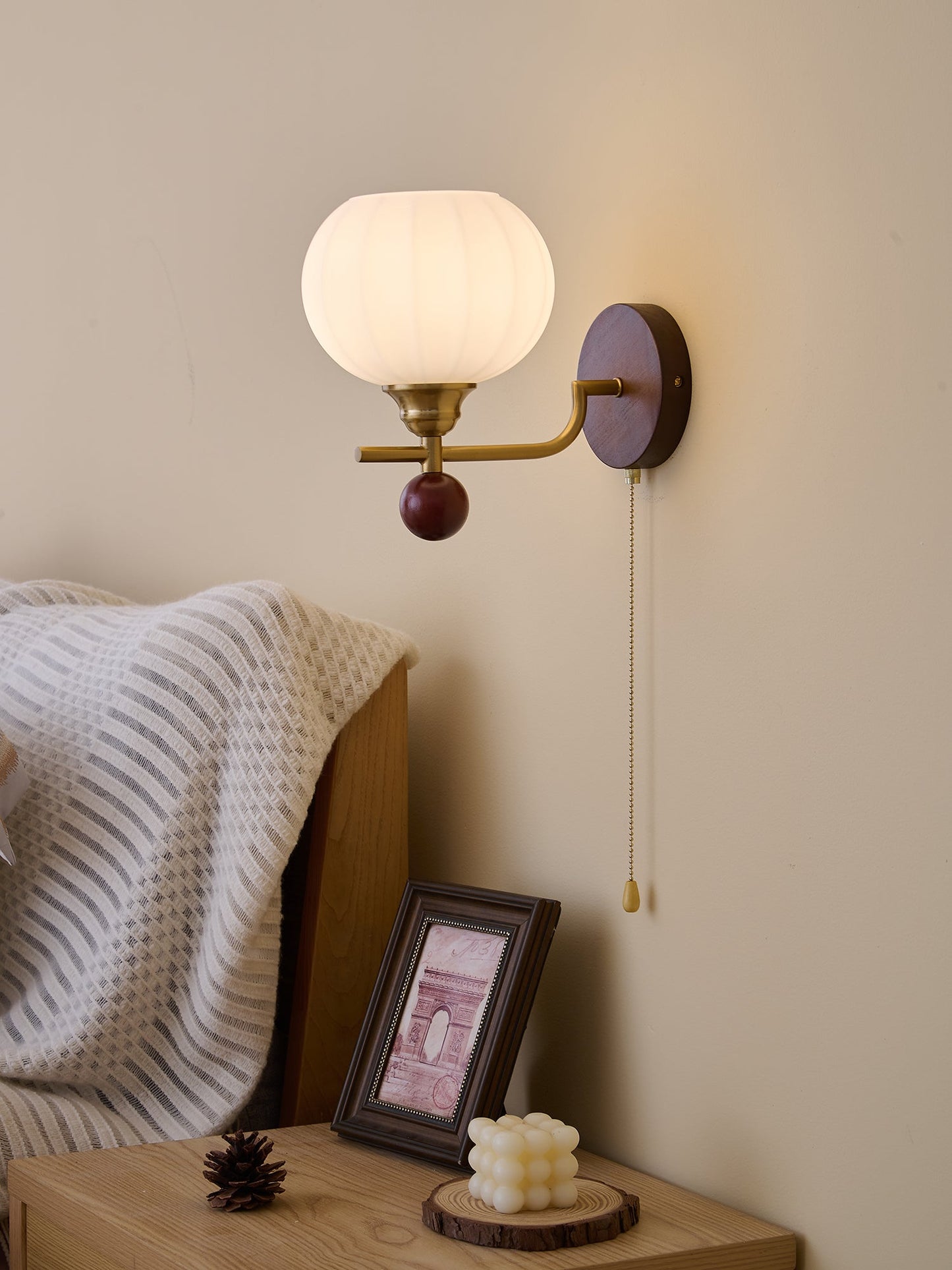 Lumea Crest Wall Lamp | Iron, Glass, Wood | White Shade, Gold/Walnut Finish