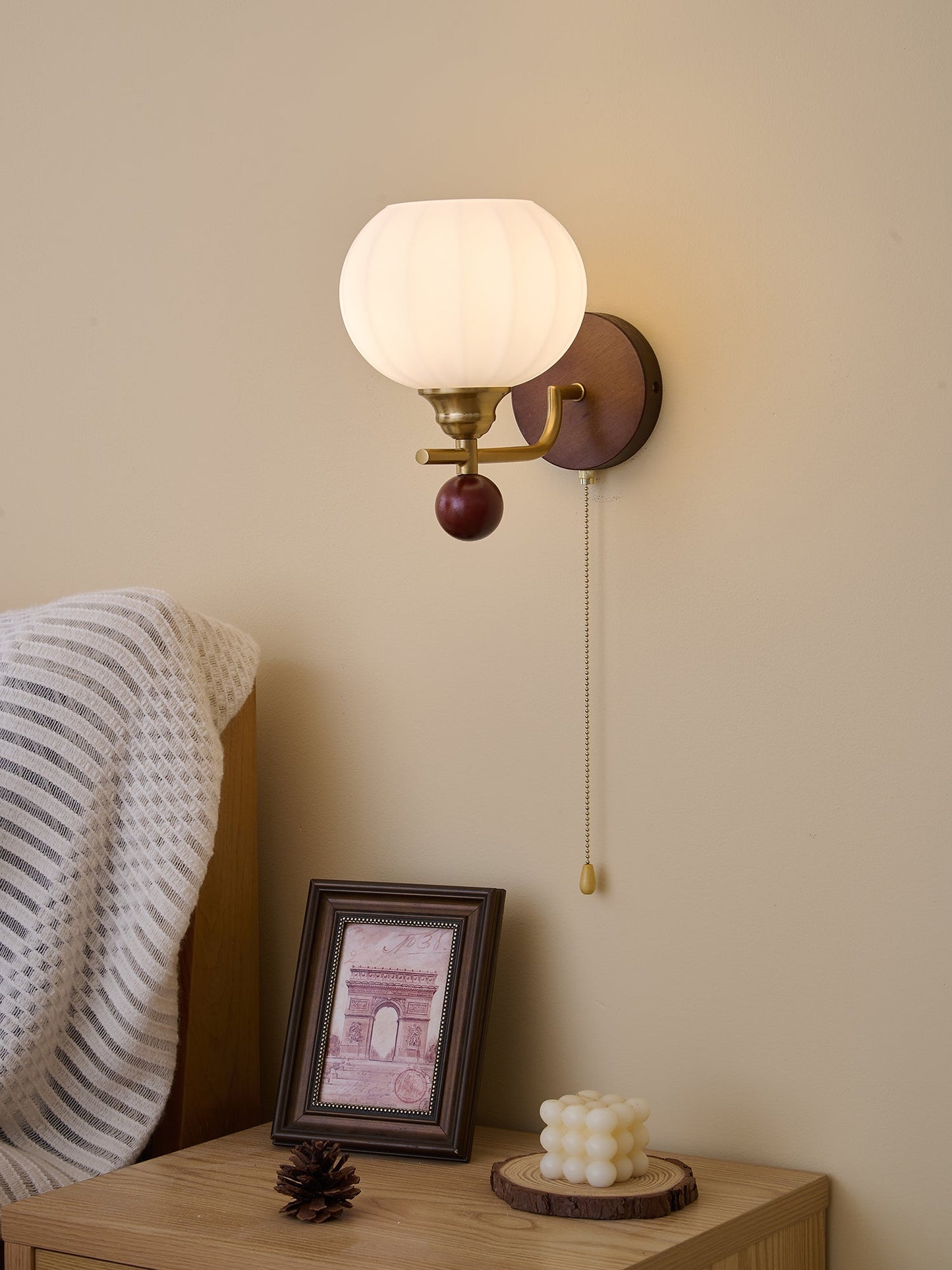 Lumea Crest Wall Lamp | Iron, Glass, Wood | White Shade, Gold/Walnut Finish
