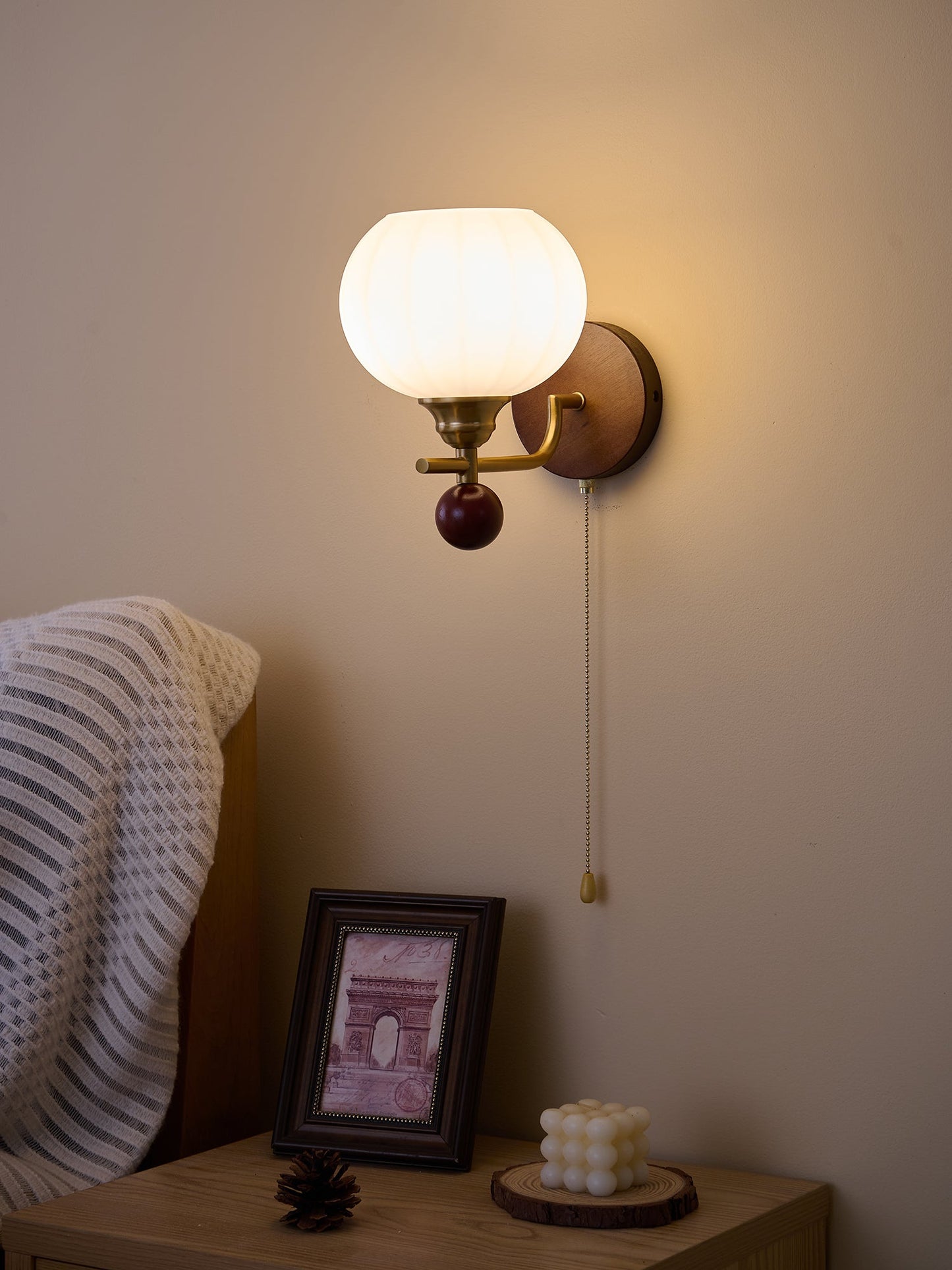 Lumea Crest Wall Lamp | Iron, Glass, Wood | White Shade, Gold/Walnut Finish