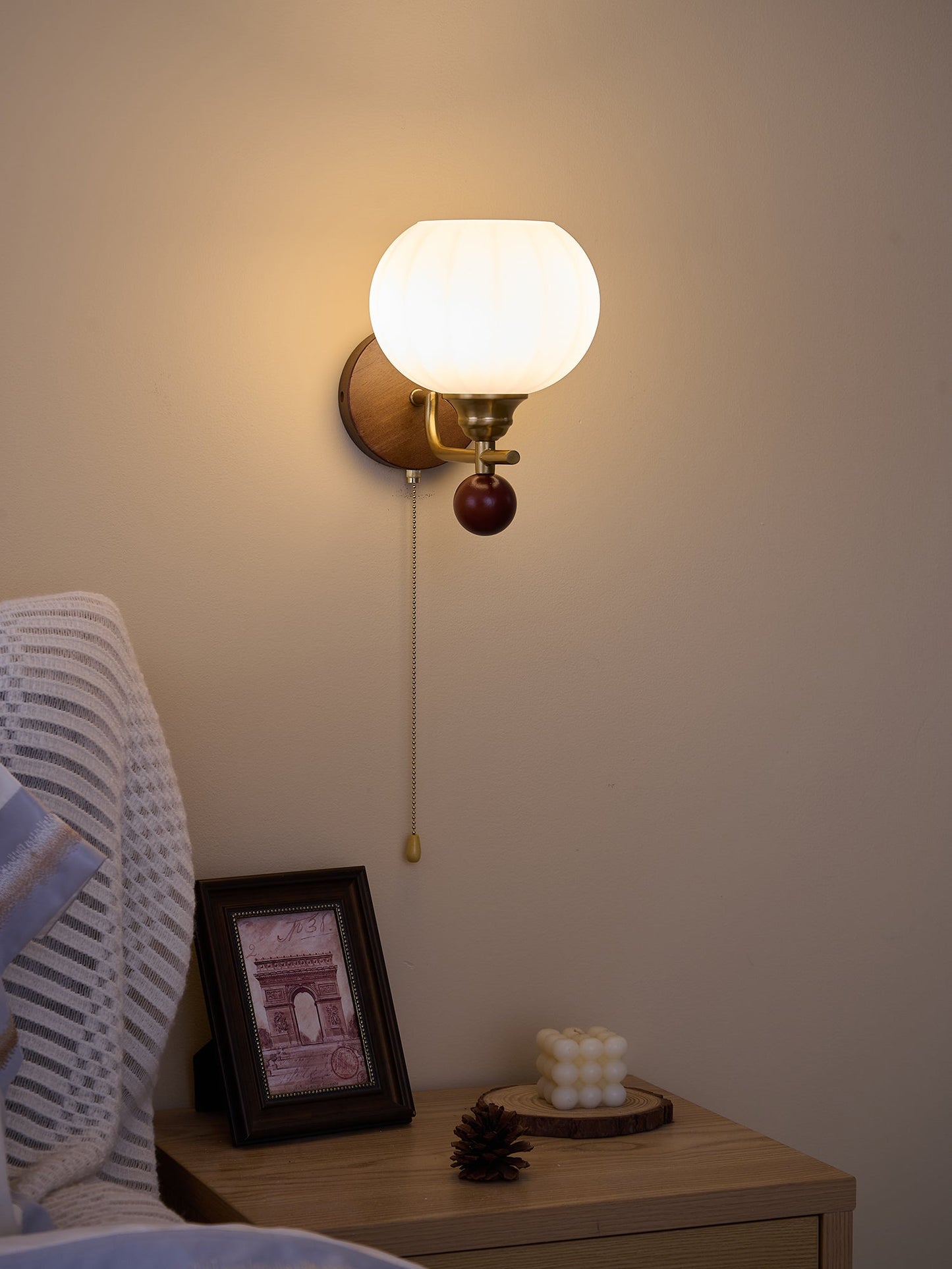 Lumea Crest Wall Lamp | Iron, Glass, Wood | White Shade, Gold/Walnut Finish