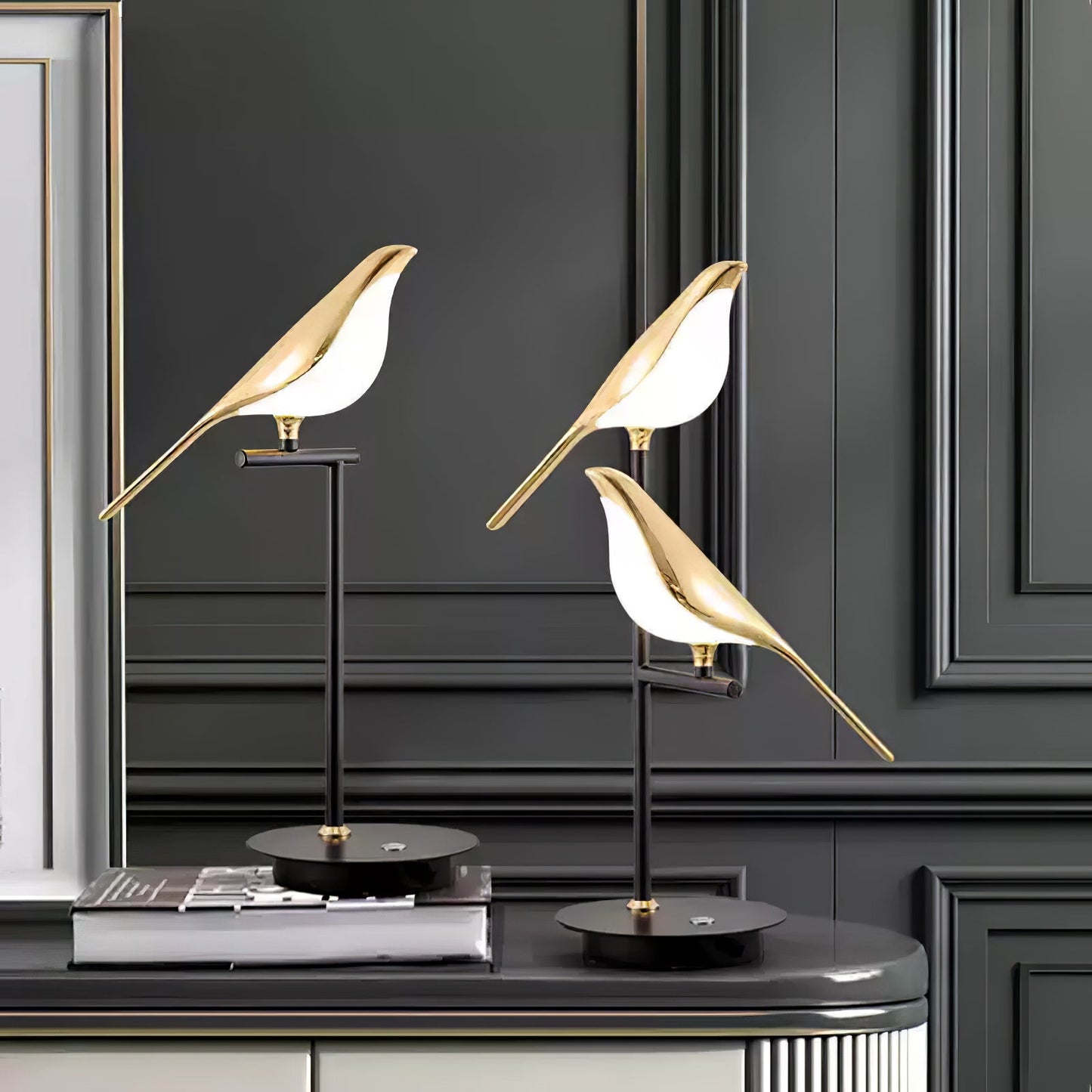 Magpie Perch Table Lamp | Metal, Acrylic, Iron | Black, Gold, White