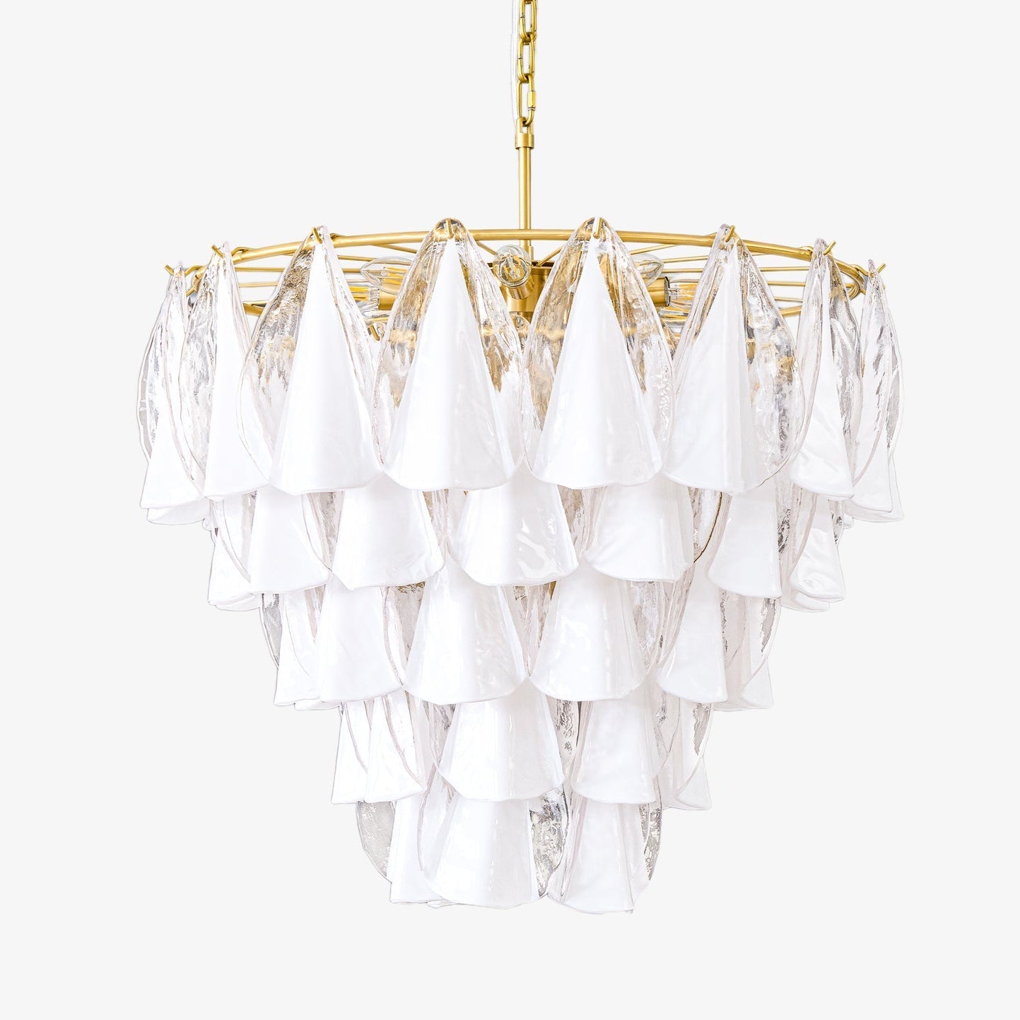 Murano Glass Chandelier | Hand-Blown White & Clear Glass | Gold Frame, 75cm Diameter
