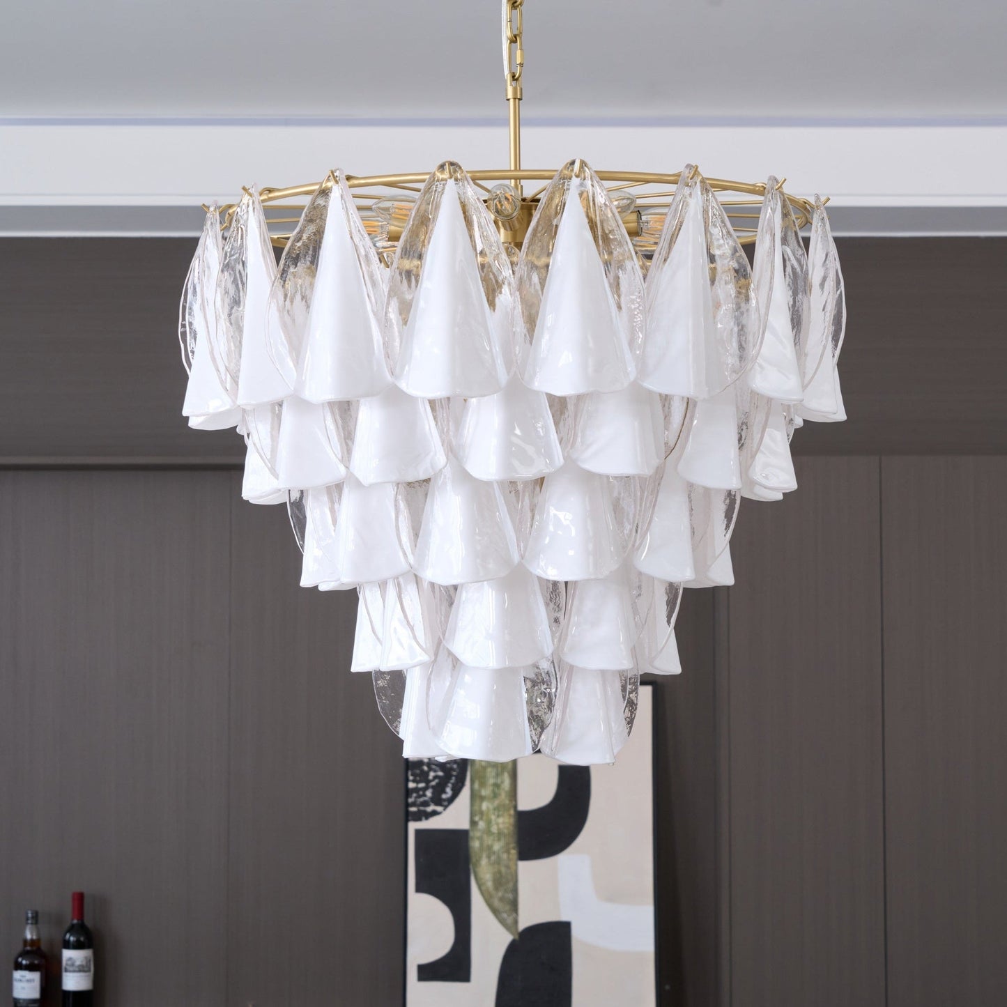 Murano Glass Chandelier | Hand-Blown White & Clear Glass | Gold Frame, 75cm Diameter