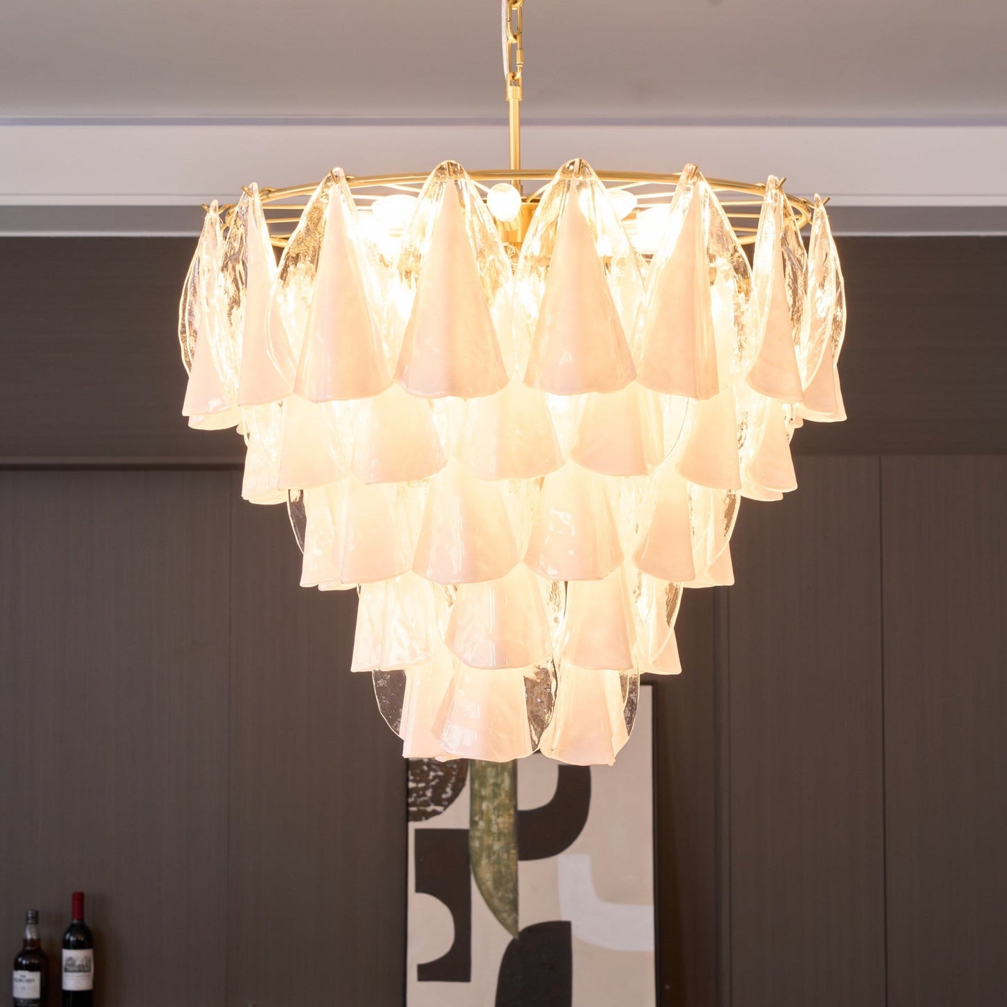 Murano Glass Chandelier | Hand-Blown White & Clear Glass | Gold Frame, 75cm Diameter