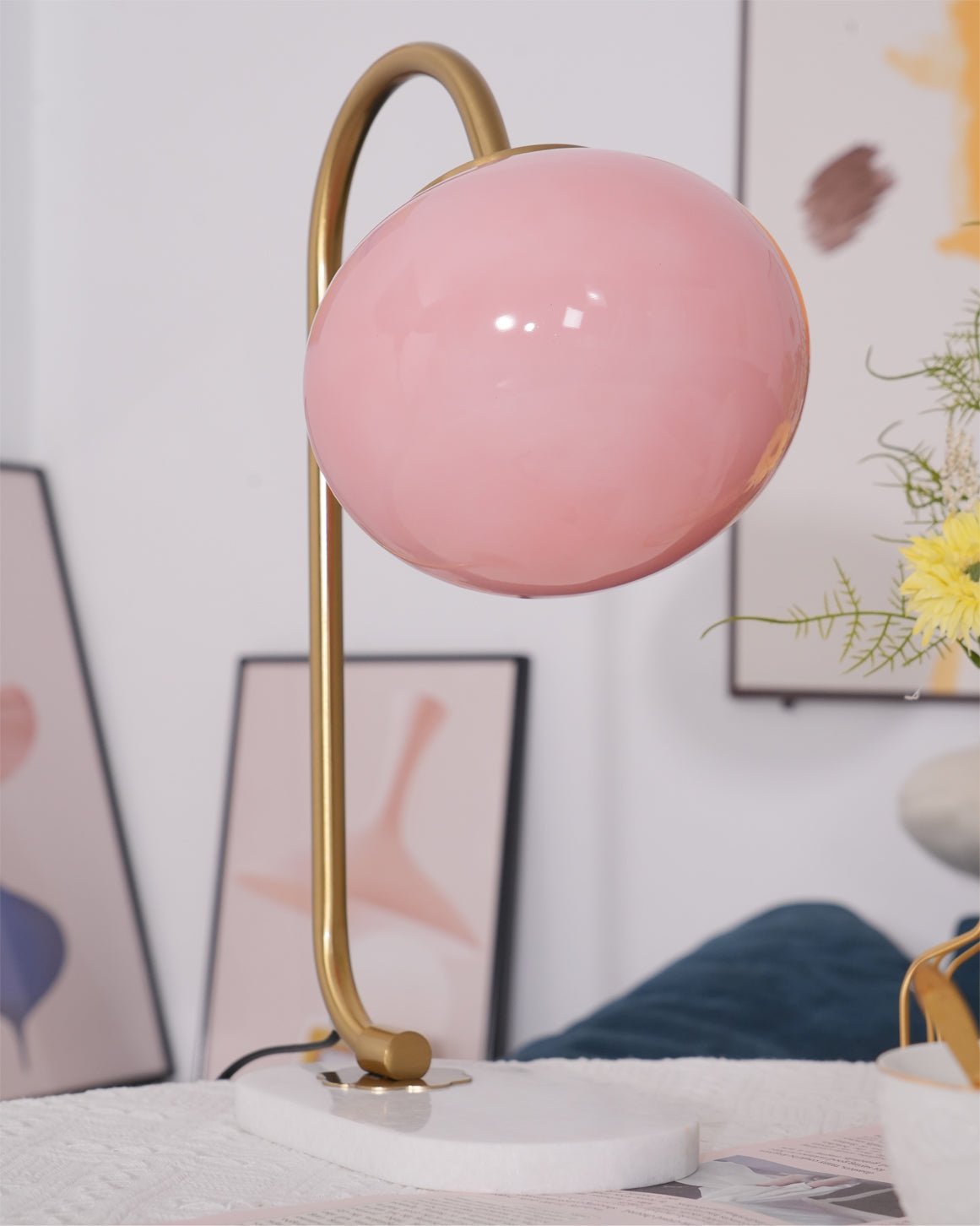 Marshmallow Table Lamp | Gold Finish with Pink Glass Shade | 22cm Diameter