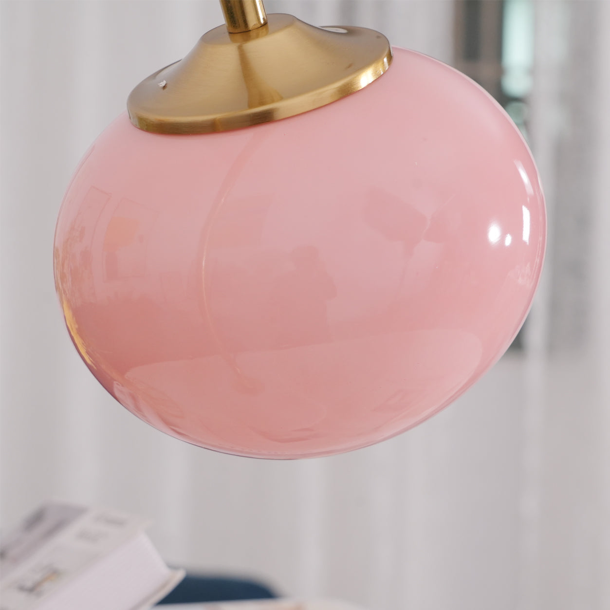 Marshmallow Table Lamp | Gold Finish with Pink Glass Shade | 22cm Diameter