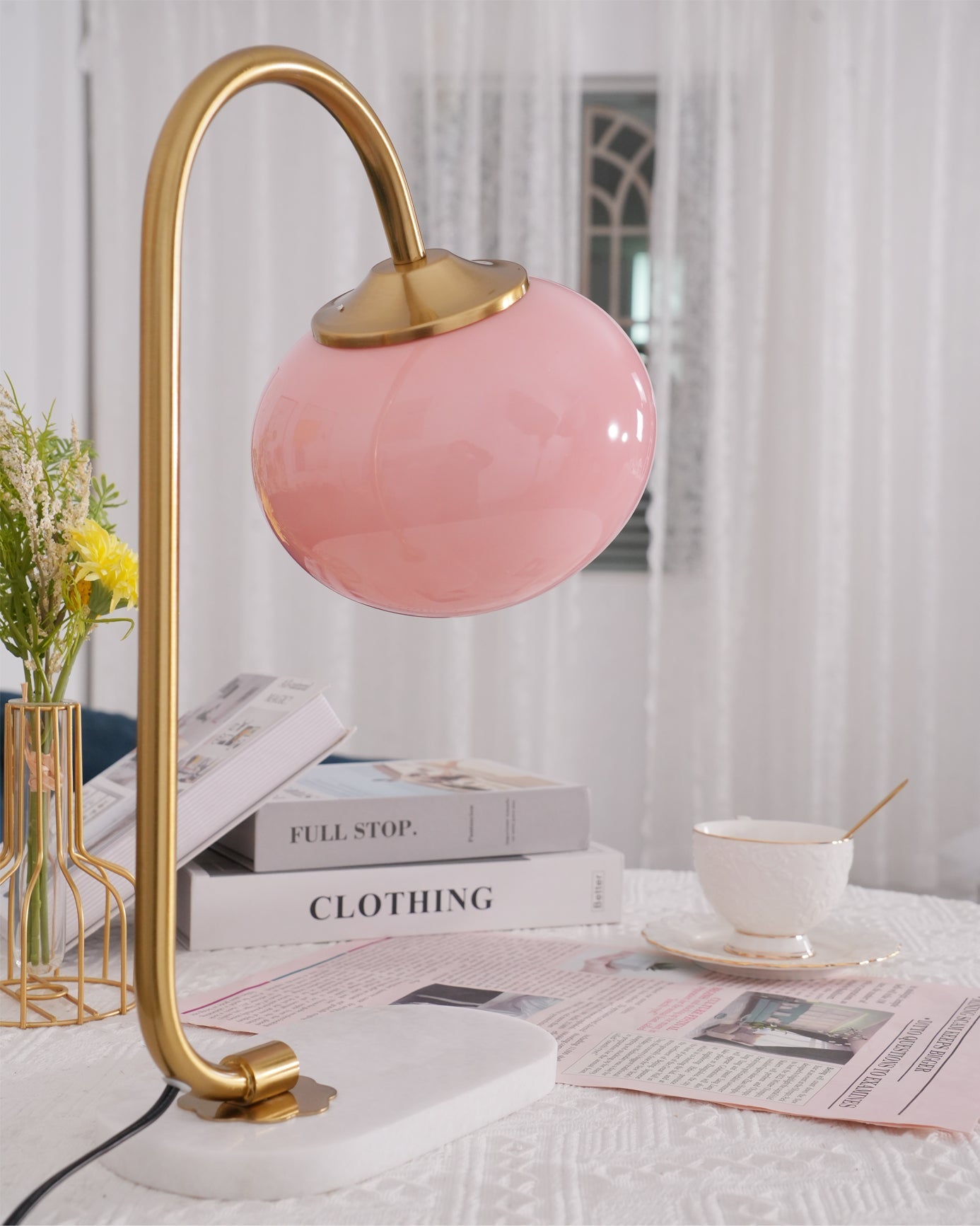 Marshmallow Table Lamp | Gold Finish with Pink Glass Shade | 22cm Diameter