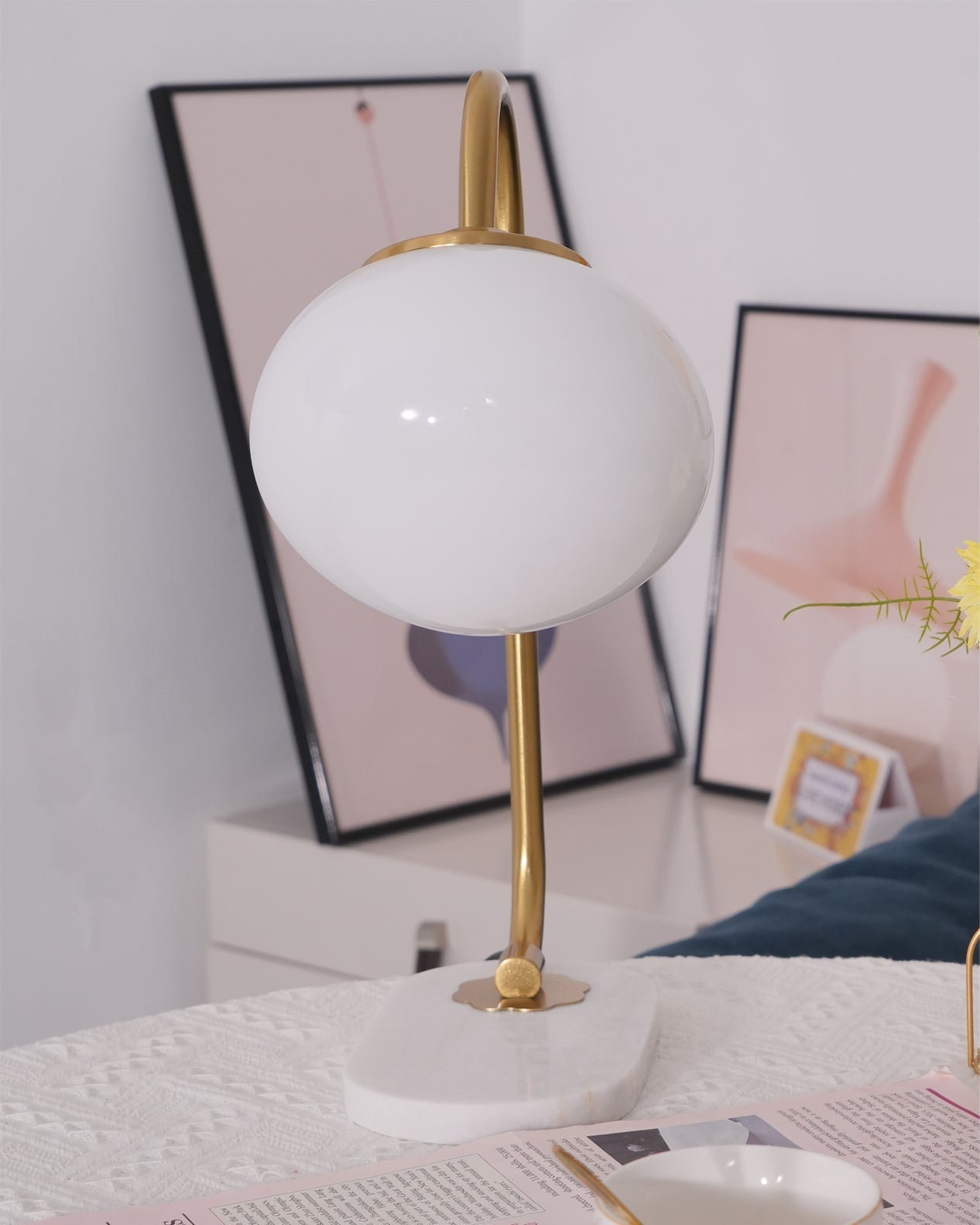 Marshmallow Table Lamp | Gold Finish with Pink Glass Shade | 22cm Diameter