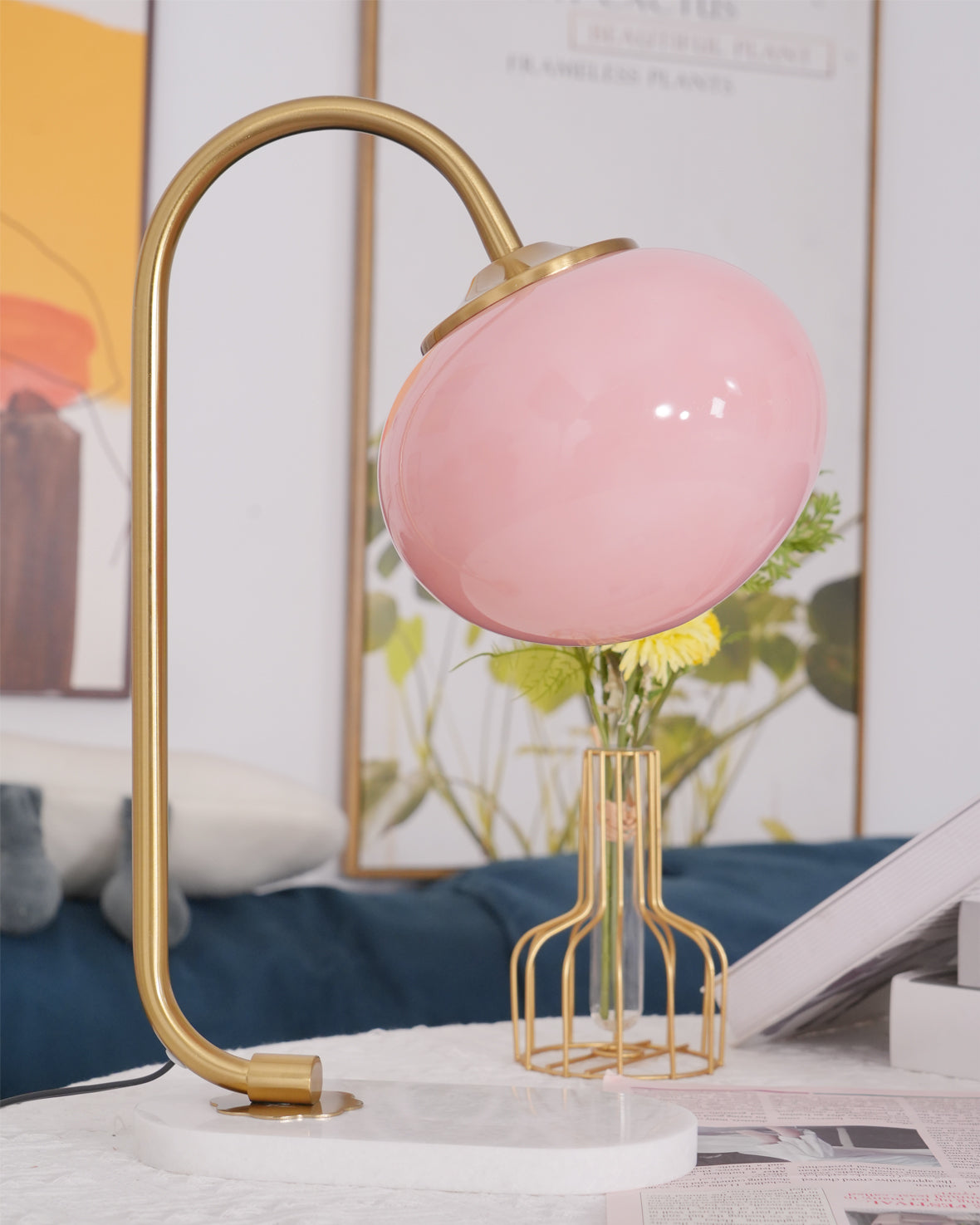 Marshmallow Table Lamp | Gold Finish with Pink Glass Shade | 22cm Diameter