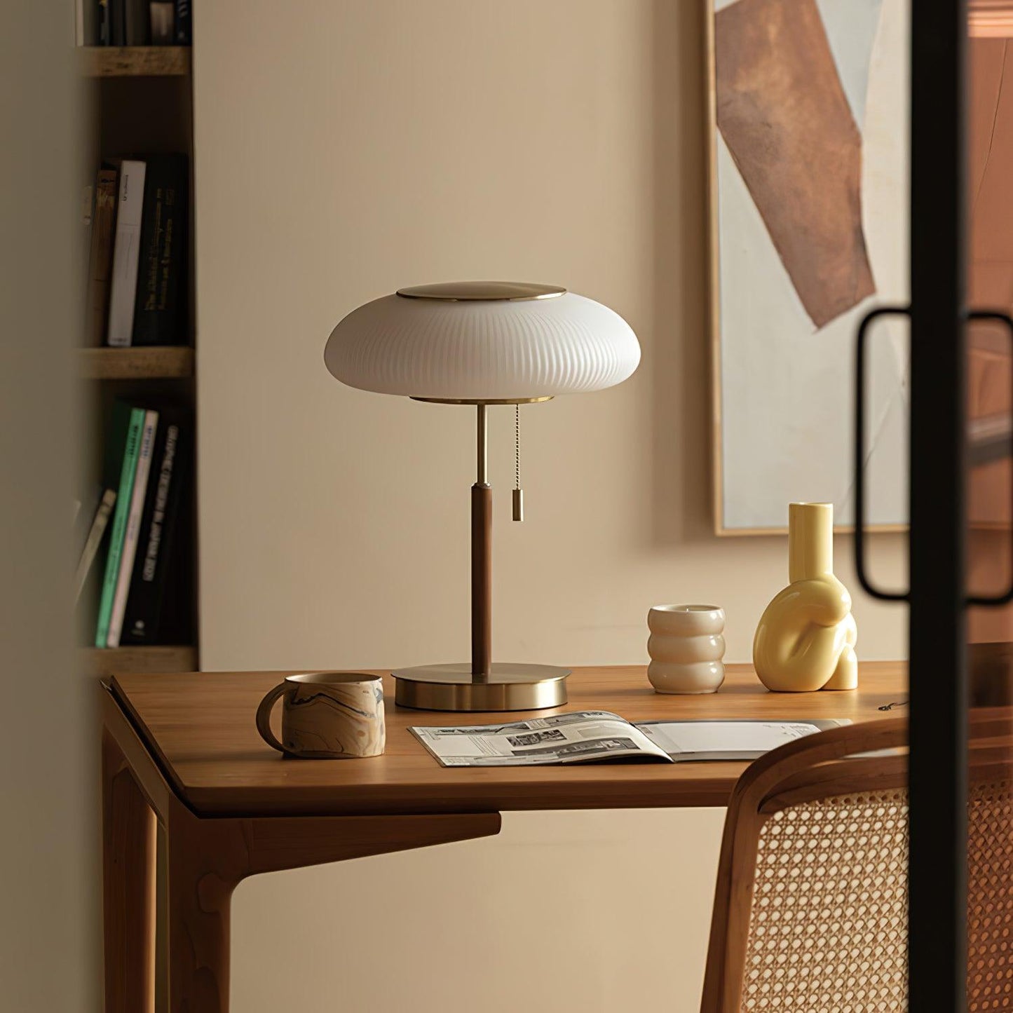 Matsutake Mushroom Table Lamp | Metal, Glass, Wood | Gold and White
