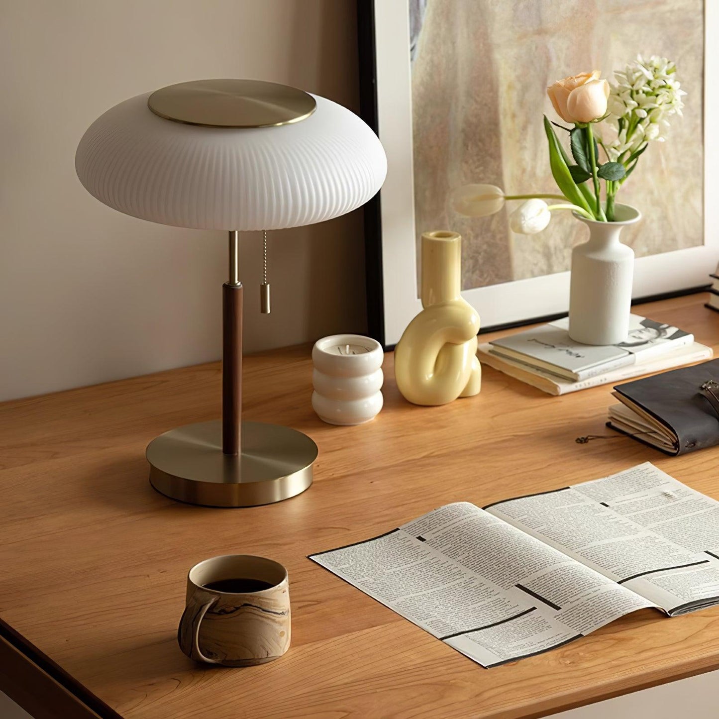 Matsutake Mushroom Table Lamp | Metal, Glass, Wood | Gold and White