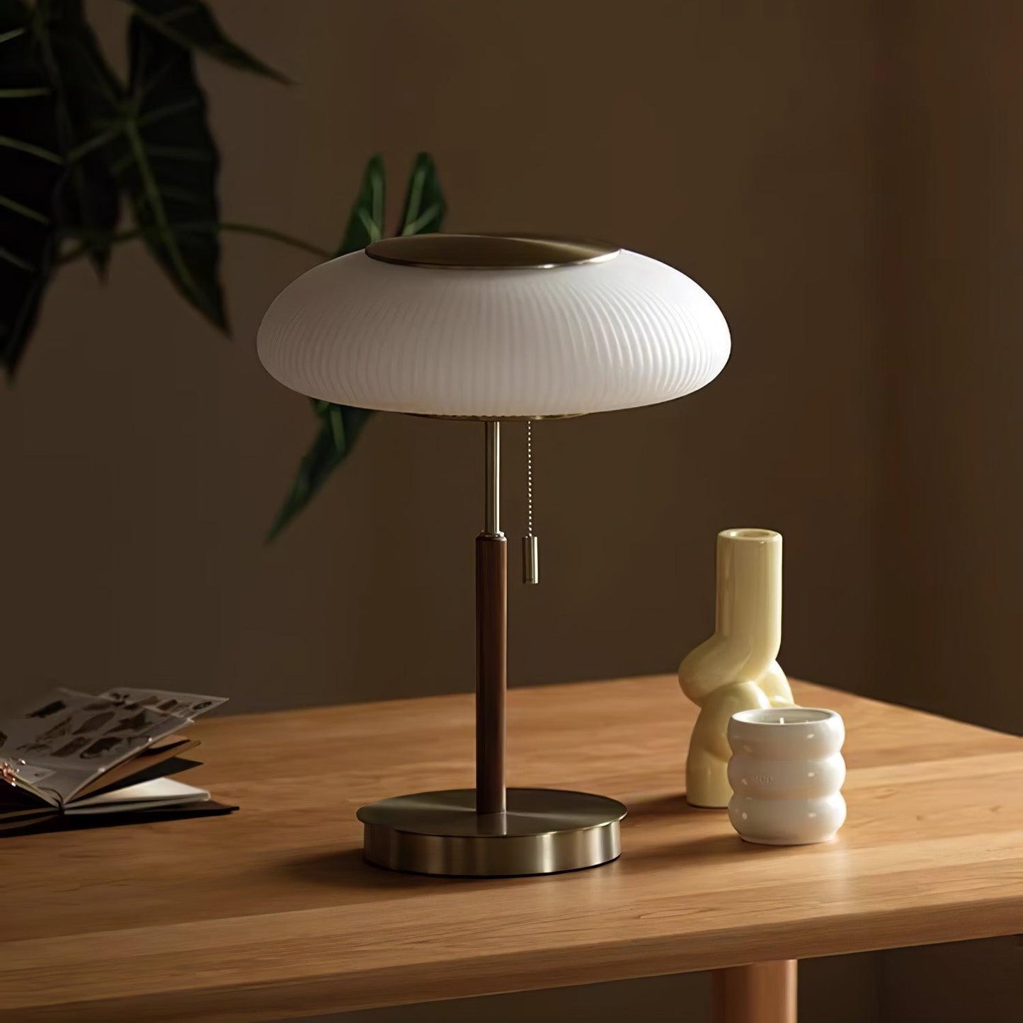 Matsutake Mushroom Table Lamp | Metal, Glass, Wood | Gold and White