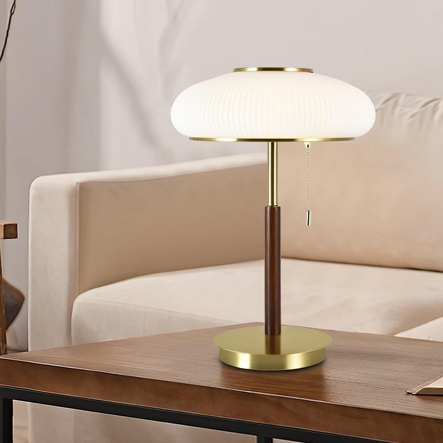 Matsutake Mushroom Table Lamp | Metal, Glass, Wood | Gold and White