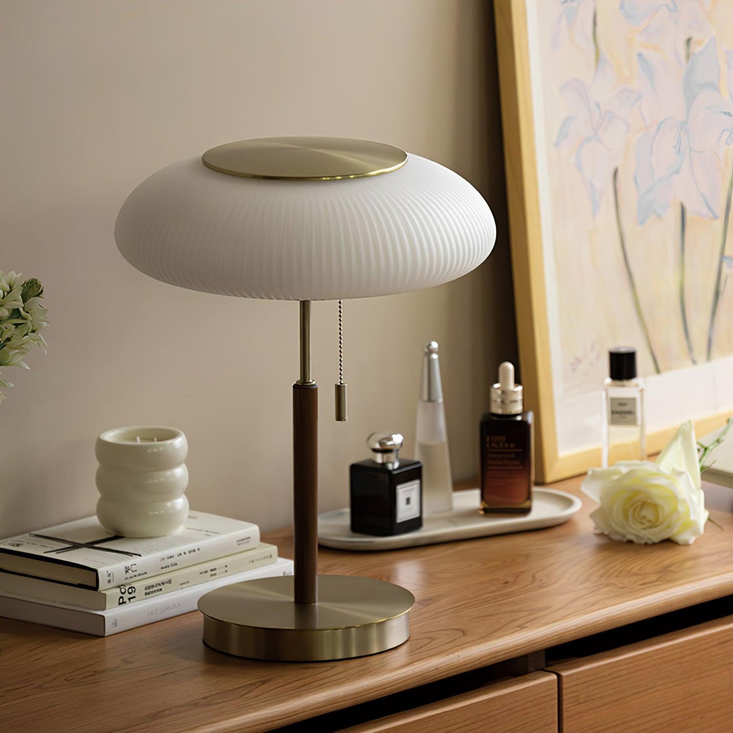 Matsutake Mushroom Table Lamp | Metal, Glass, Wood | Gold and White