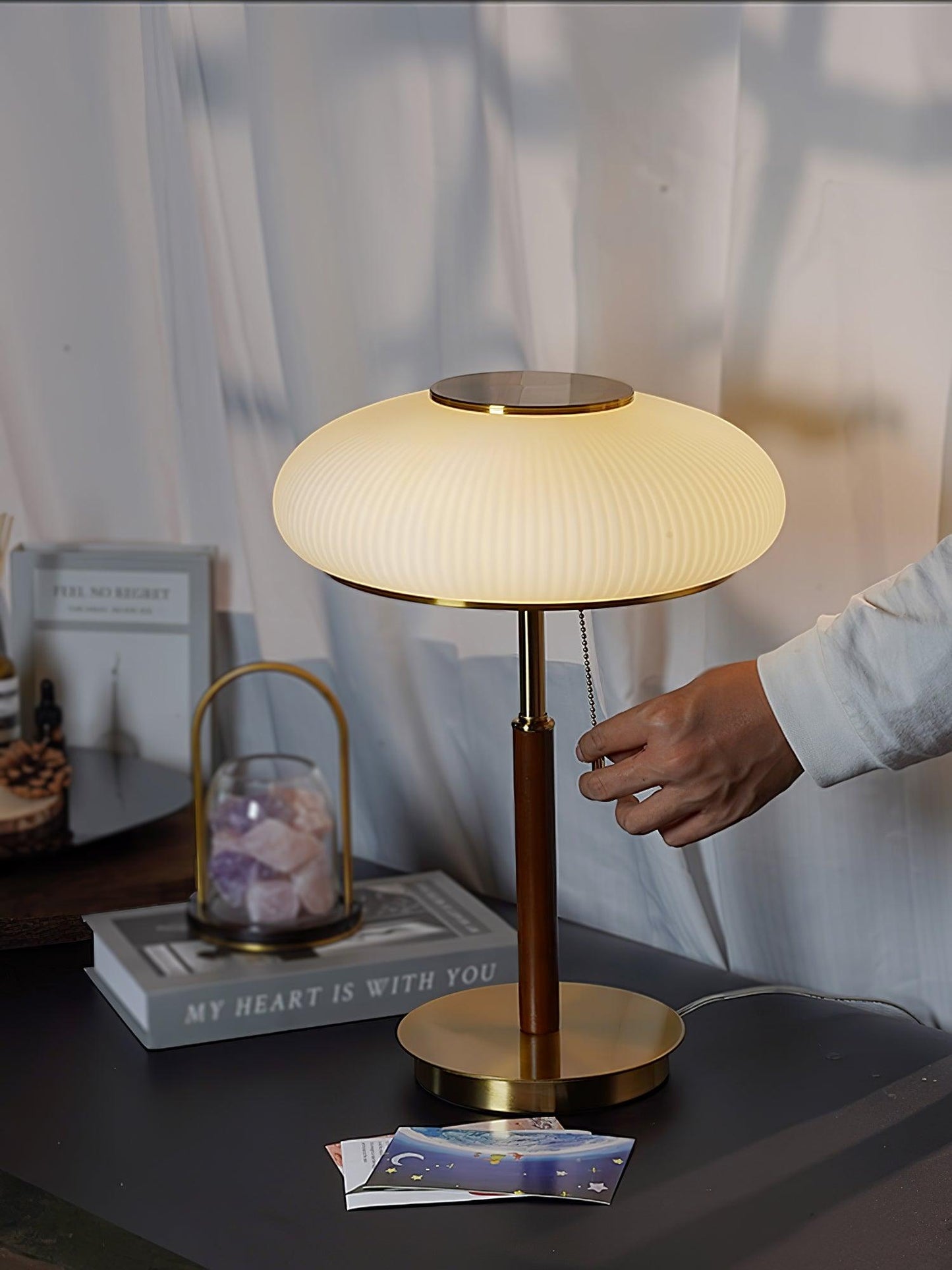 Matsutake Mushroom Table Lamp | Metal, Glass, Wood | Gold and White
