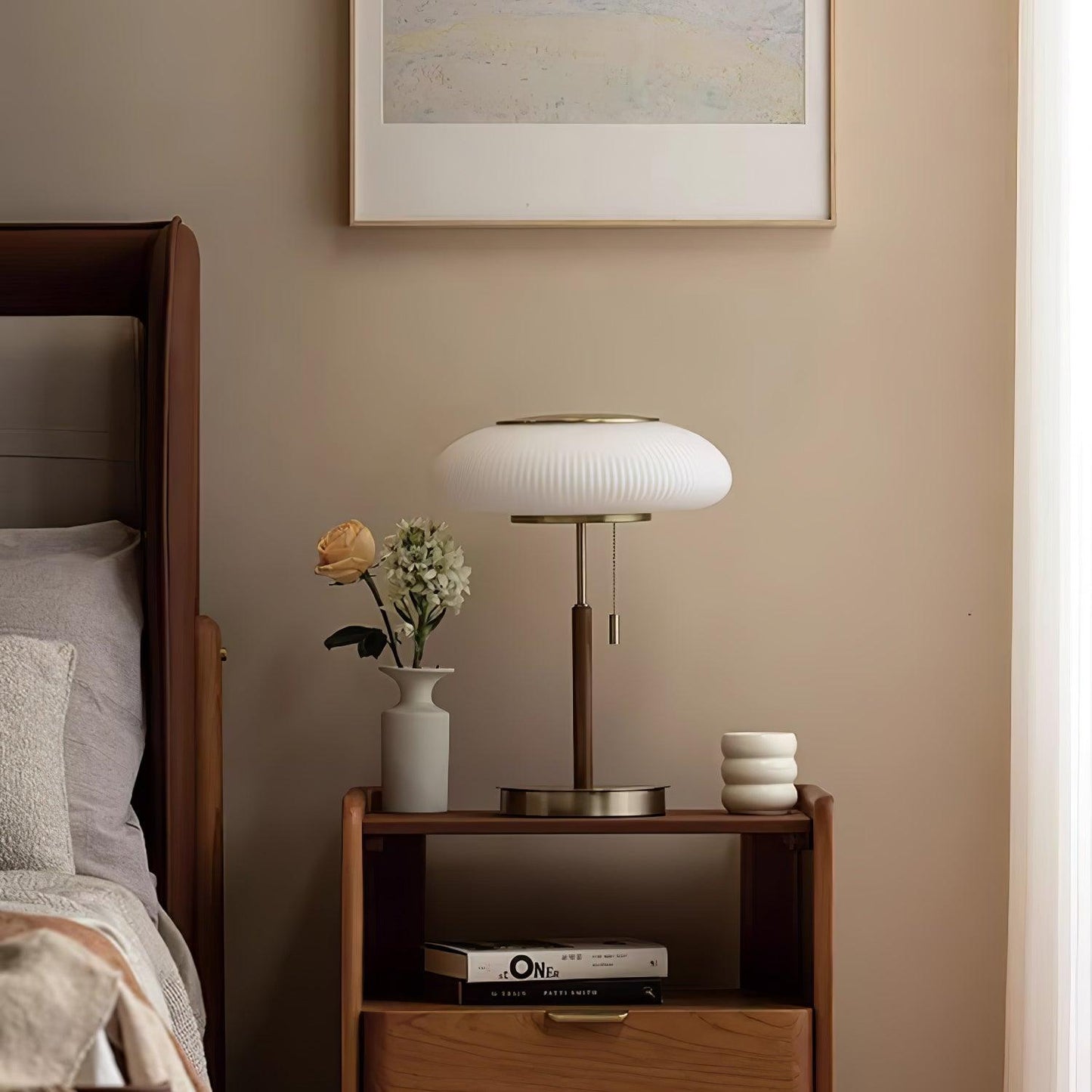 Matsutake Mushroom Table Lamp | Metal, Glass, Wood | Gold and White
