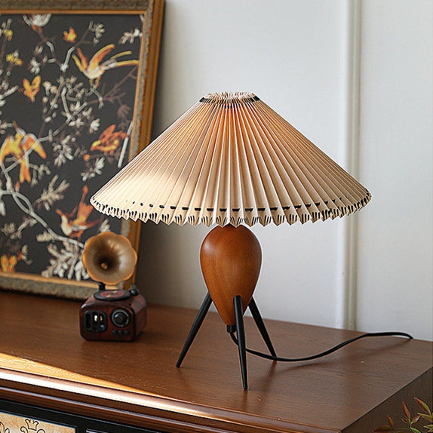 Vintage Table Lamp | Burl Wood & Metal | Black Beige