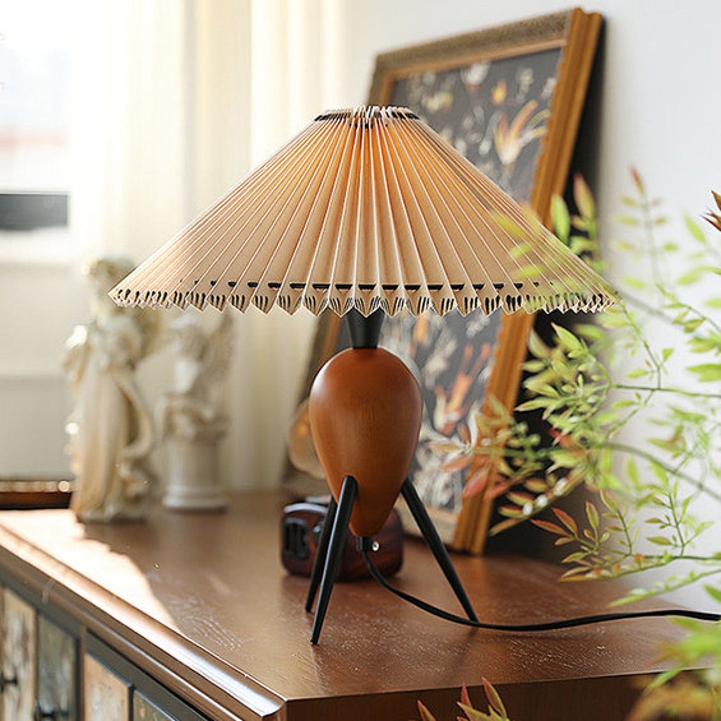 Vintage Table Lamp | Burl Wood & Metal | Black Beige