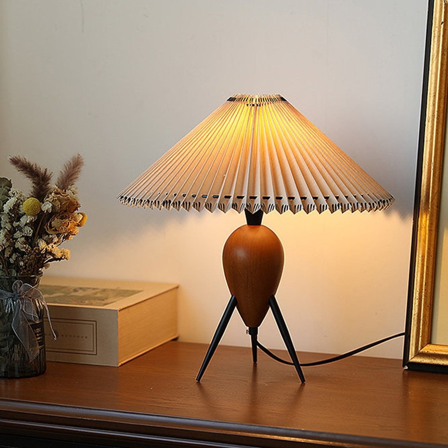 Vintage Table Lamp | Burl Wood & Metal | Black Beige