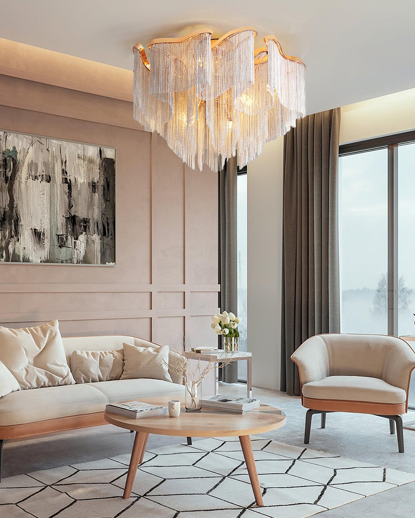 Modern Tassel Ceiling Lamp | Metal & Aluminum Chain | Champagne Gold