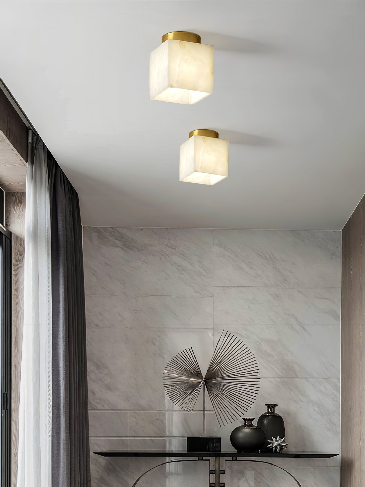 Moon Alabaster Ceiling Light | Brass & Alabaster | White Shade