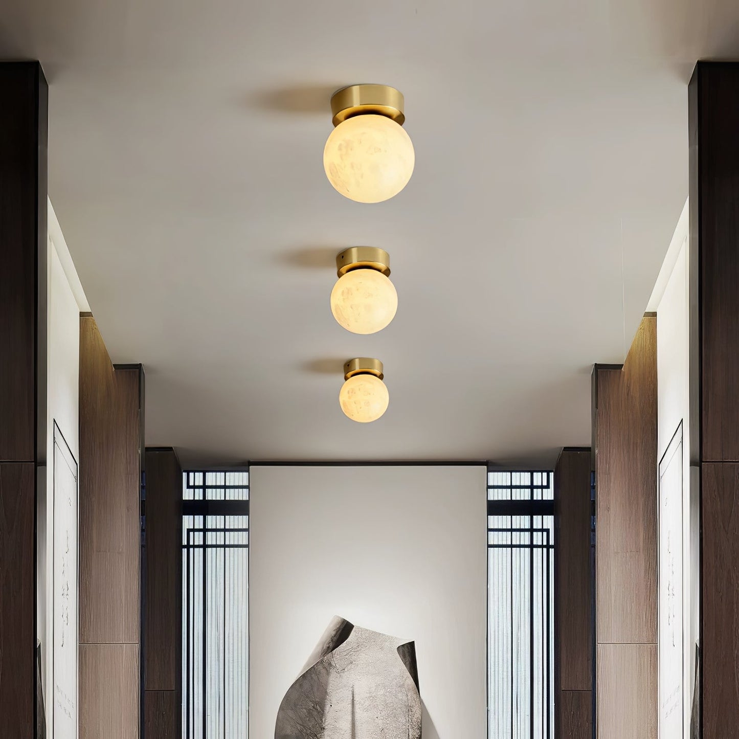 Moon Alabaster Ceiling Light | Brass & Alabaster | White Shade