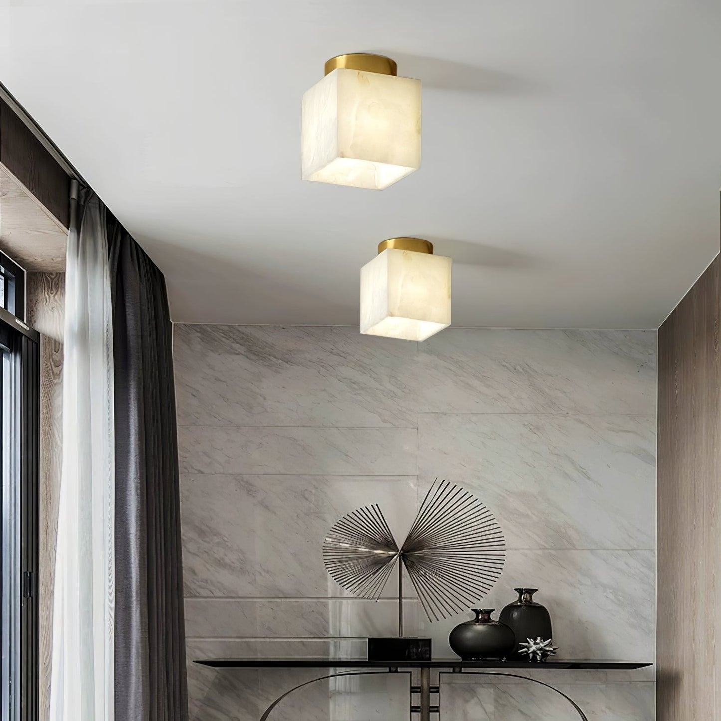 Moon Alabaster Ceiling Light | Brass & Alabaster | White Shade