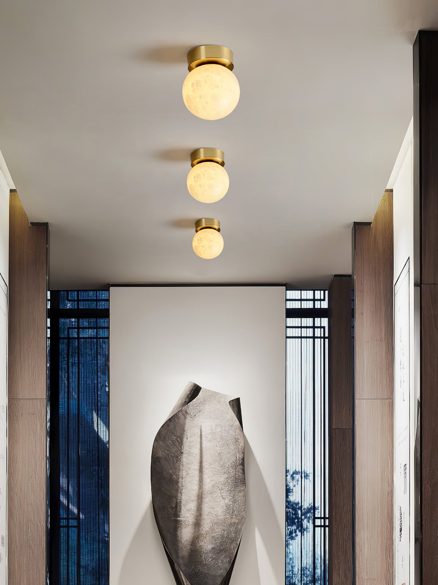 Moon Alabaster Ceiling Light | Brass & Alabaster | White Shade