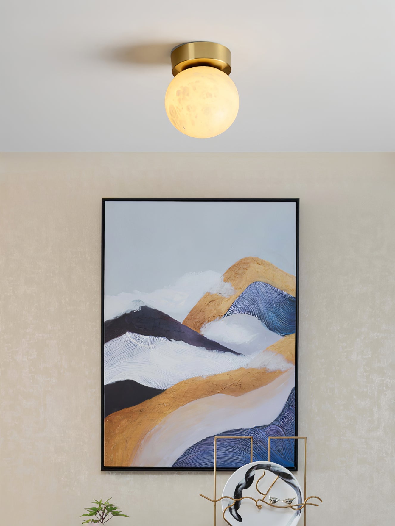 Moon Alabaster Ceiling Light | Brass & Alabaster | White Shade
