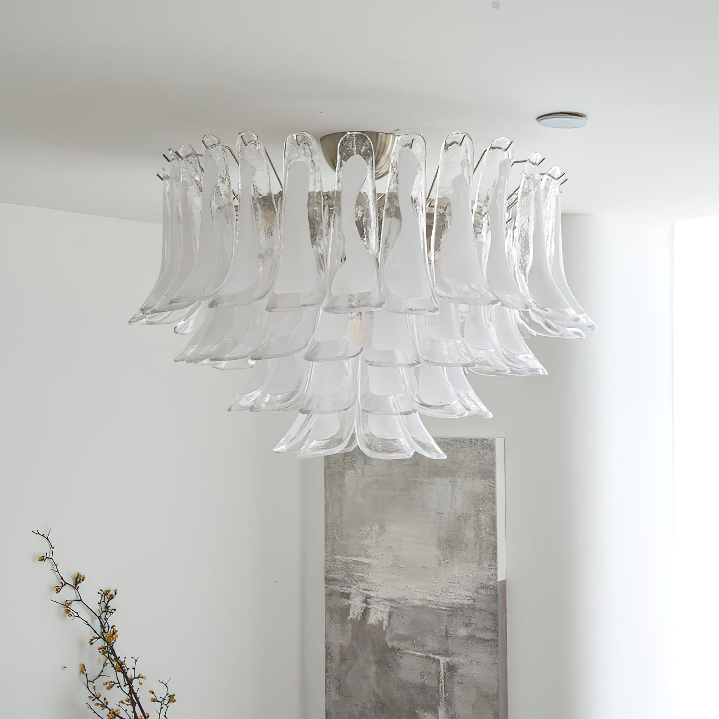 Murano Glass Leaf Ceiling Lamp | Handcrafted Italian Design | Nickel & White Cloud