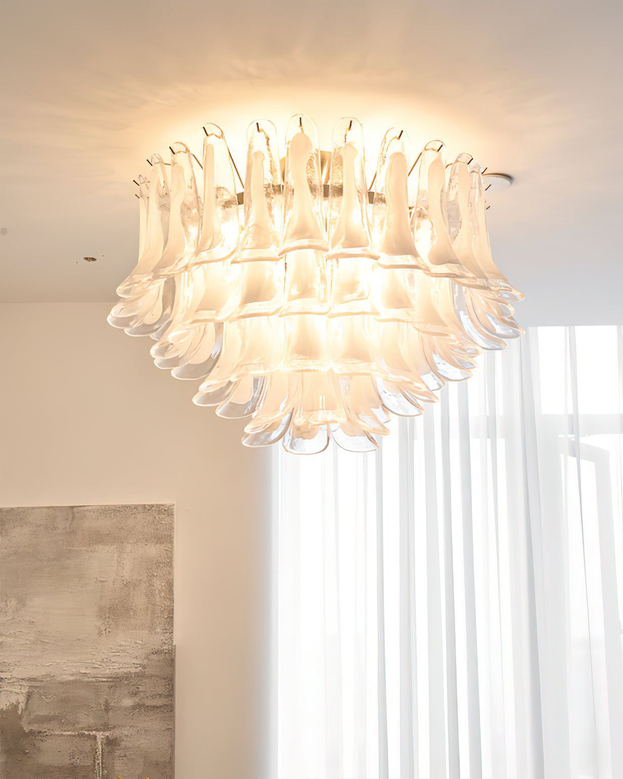 Murano Glass Leaf Ceiling Lamp | Handcrafted Italian Design | Nickel & White Cloud