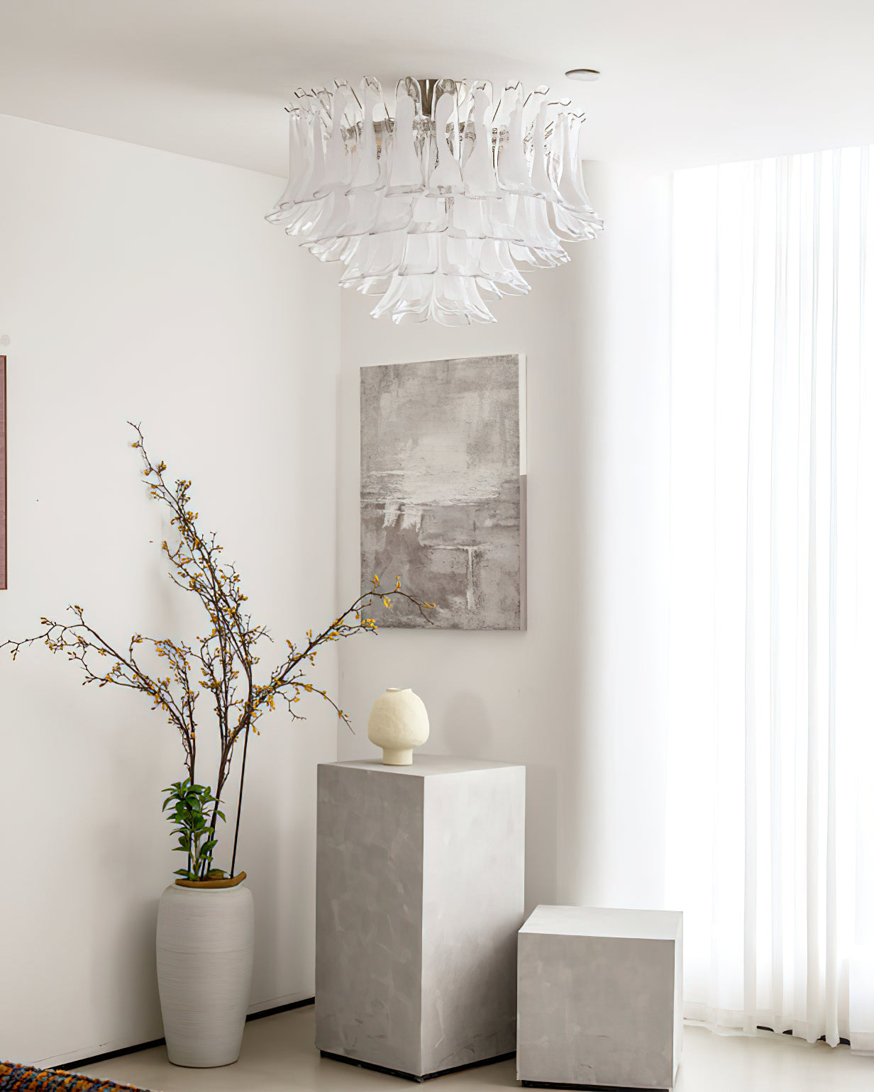 Murano Glass Leaf Ceiling Lamp | Handcrafted Italian Design | Nickel & White Cloud