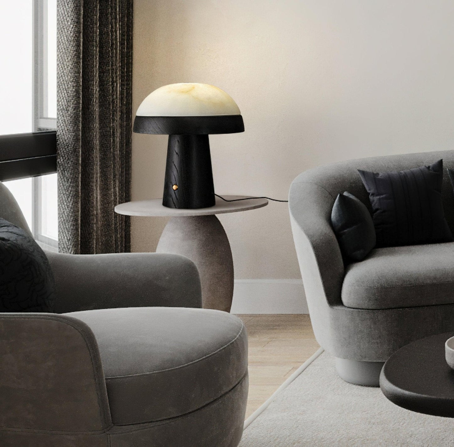 Mushroom Cloud Table Lamp | Wood & Alabaster | White Shade, Walnut & Black Options