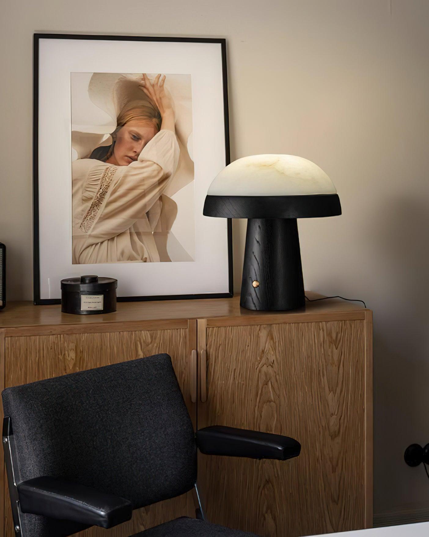 Mushroom Cloud Table Lamp | Wood & Alabaster | White Shade, Walnut & Black Options