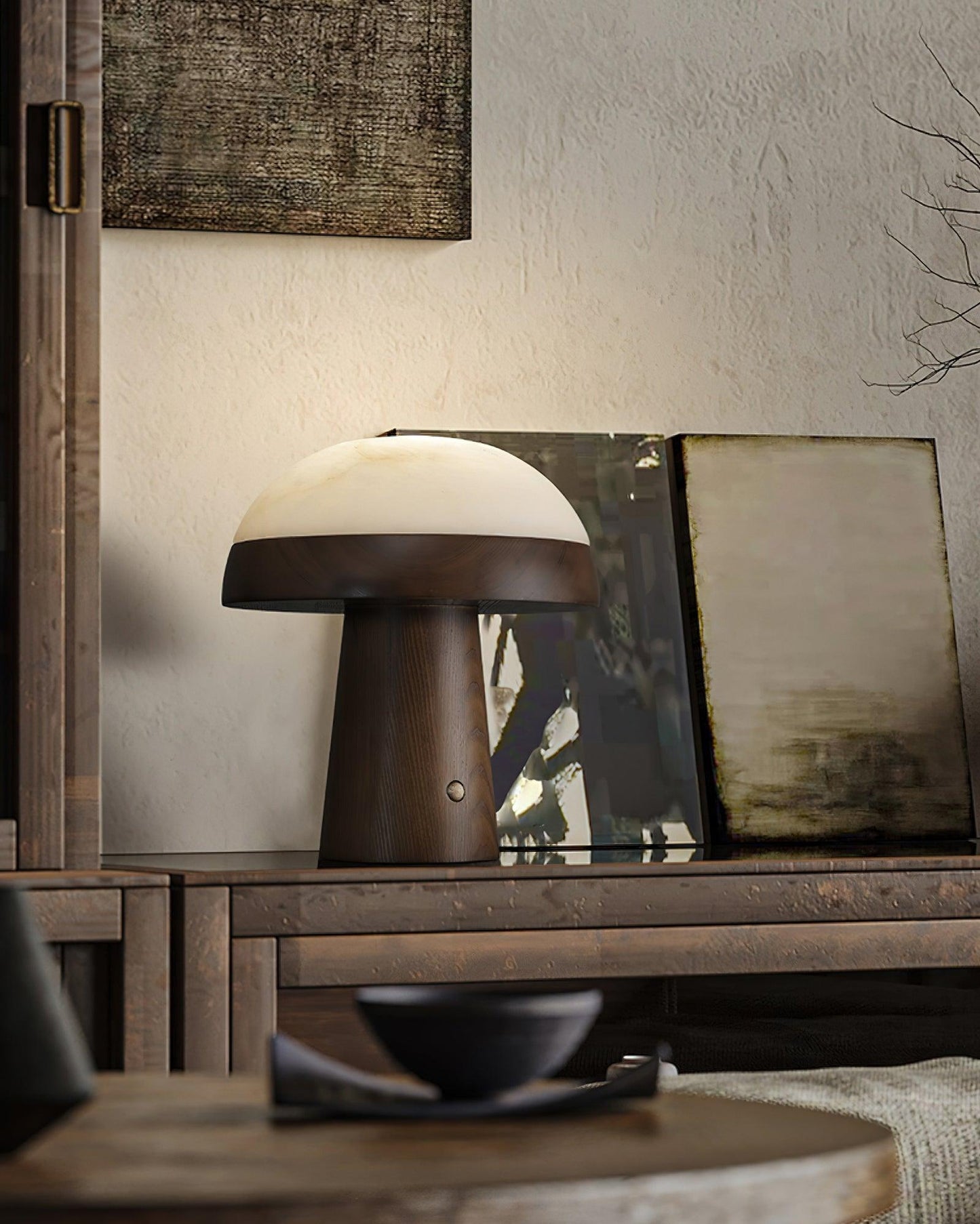Mushroom Cloud Table Lamp | Wood & Alabaster | White Shade, Walnut & Black Options